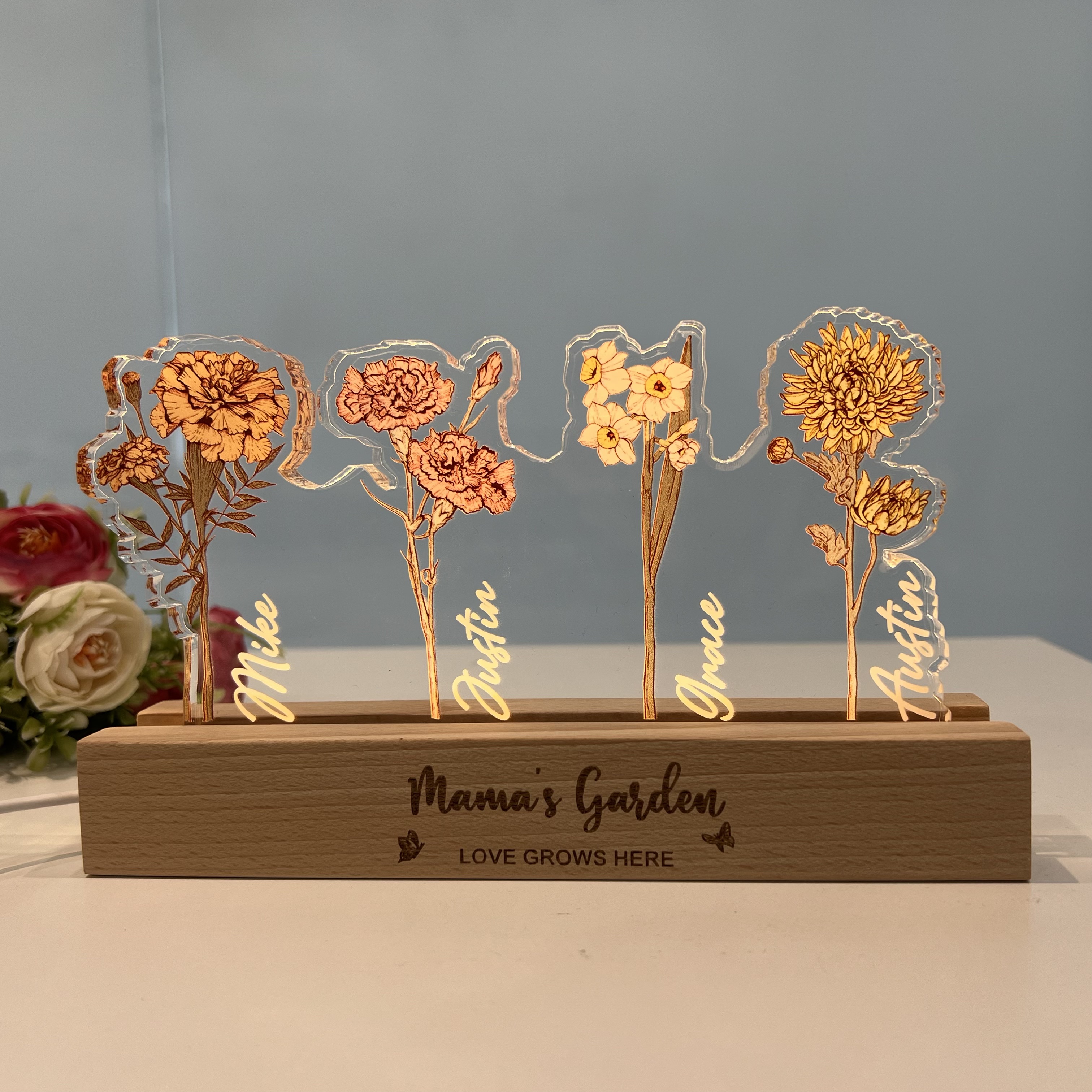 Personalized Mom's Garden Birth Month Flowers 3D Acrylic LED Light（Thick Version）