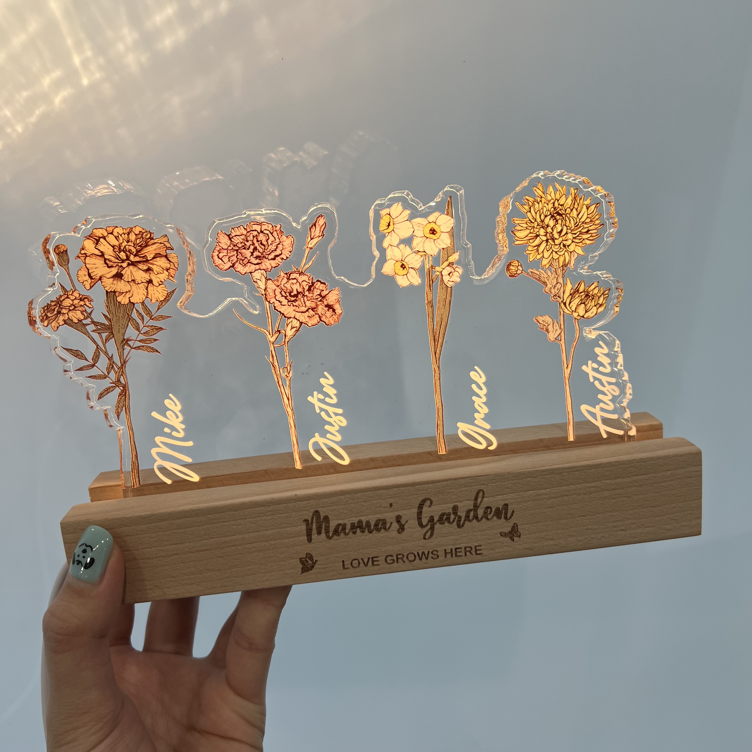 Personalized Mom's Garden Birth Month Flowers 3D Acrylic LED Light（Thick Version）