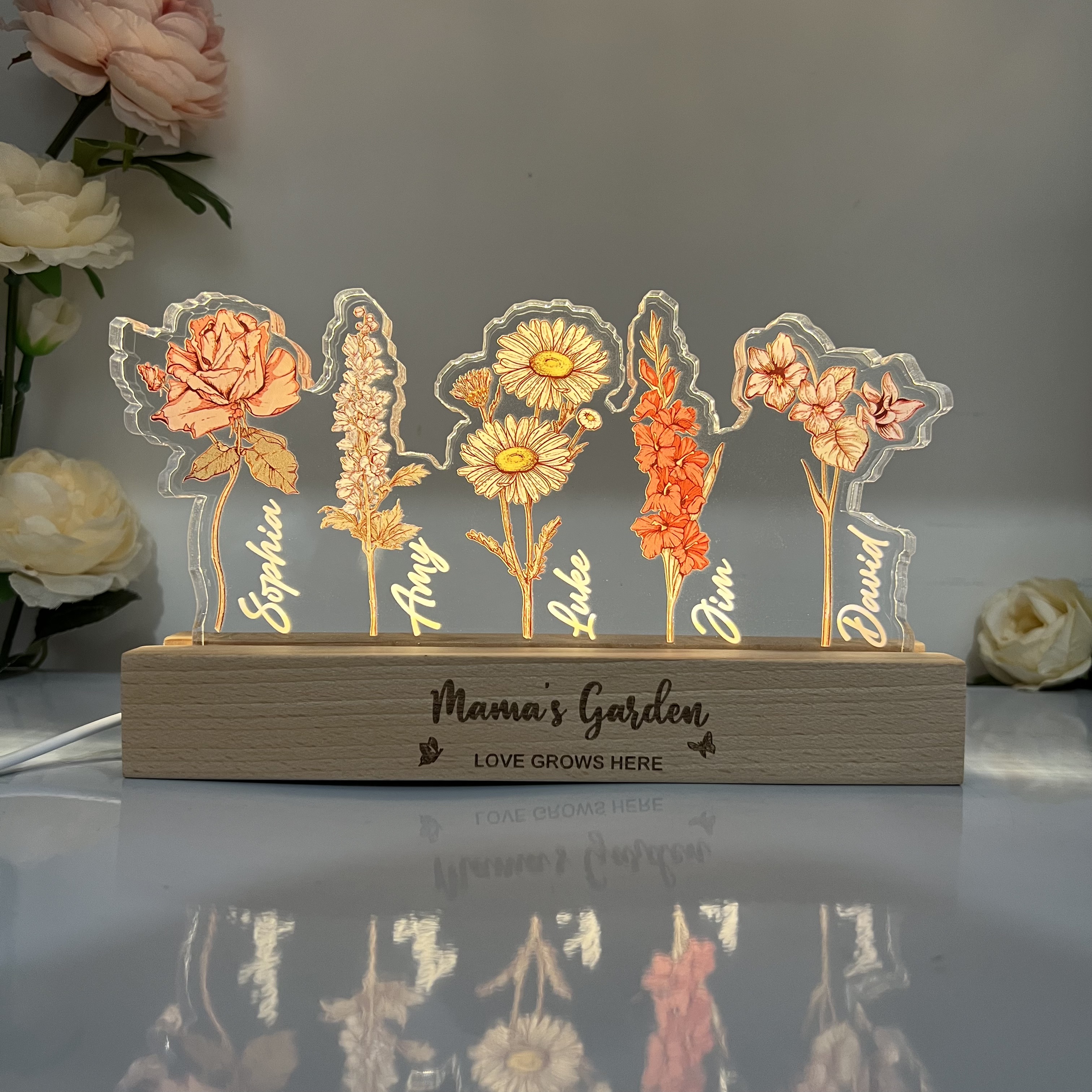 Personalized Mom's Garden Birth Month Flowers 3D Acrylic LED Light（Thick Version）