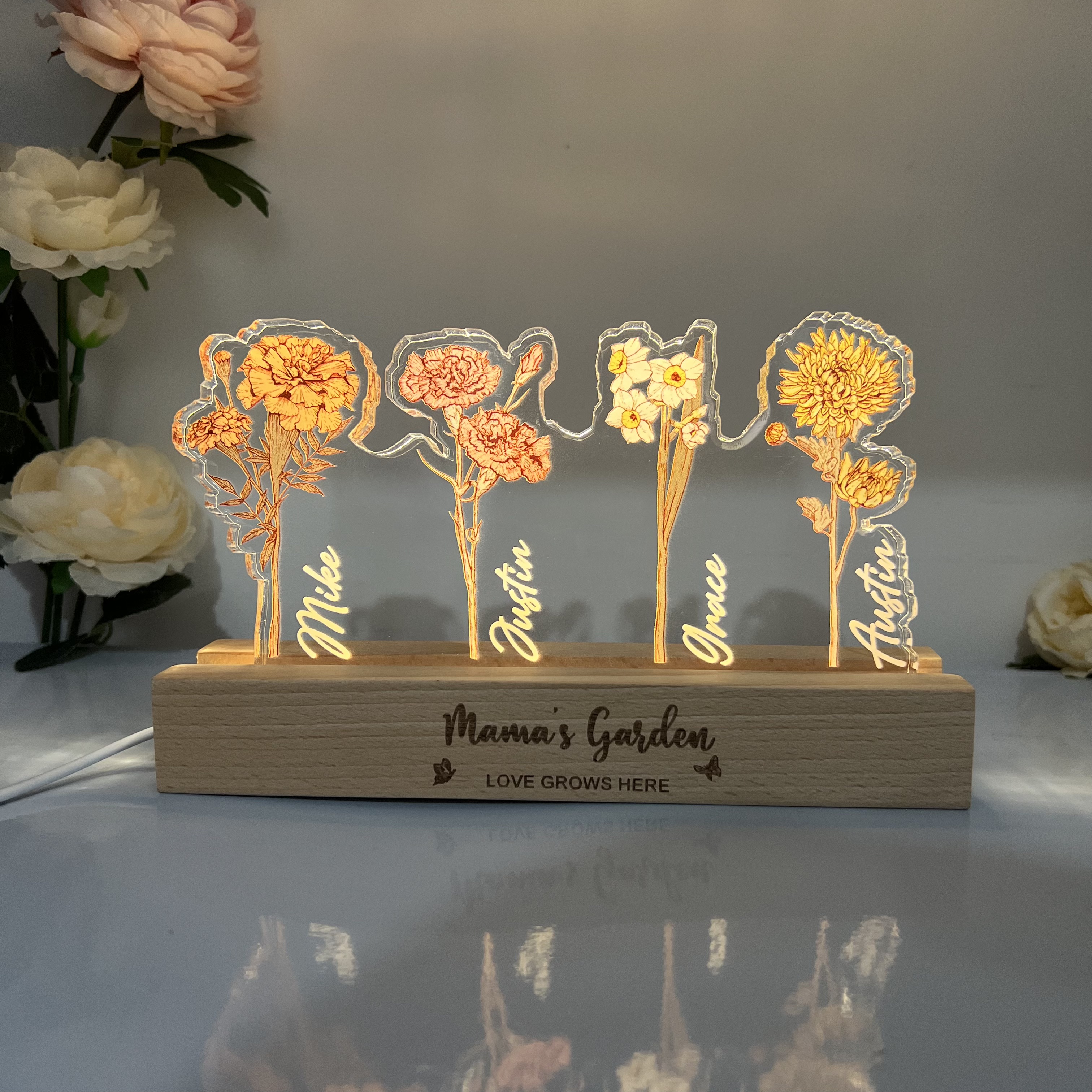 Personalized Mom's Garden Birth Month Flowers 3D Acrylic LED Light（Thick Version）