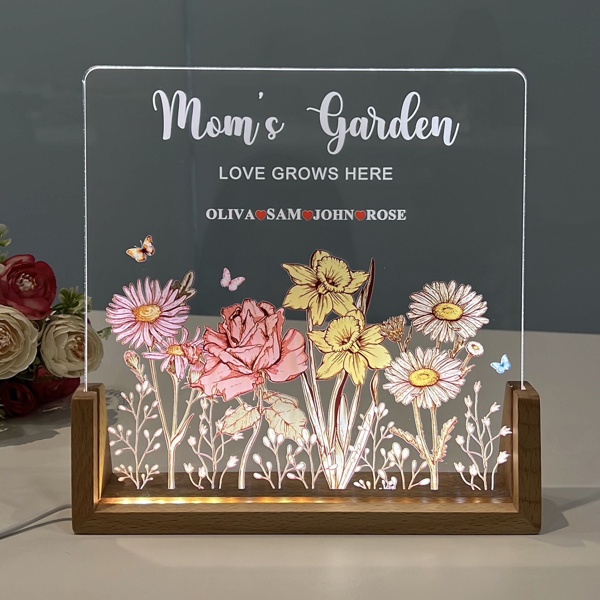 Customized Square Birth Month Flower Cluster LED Light 