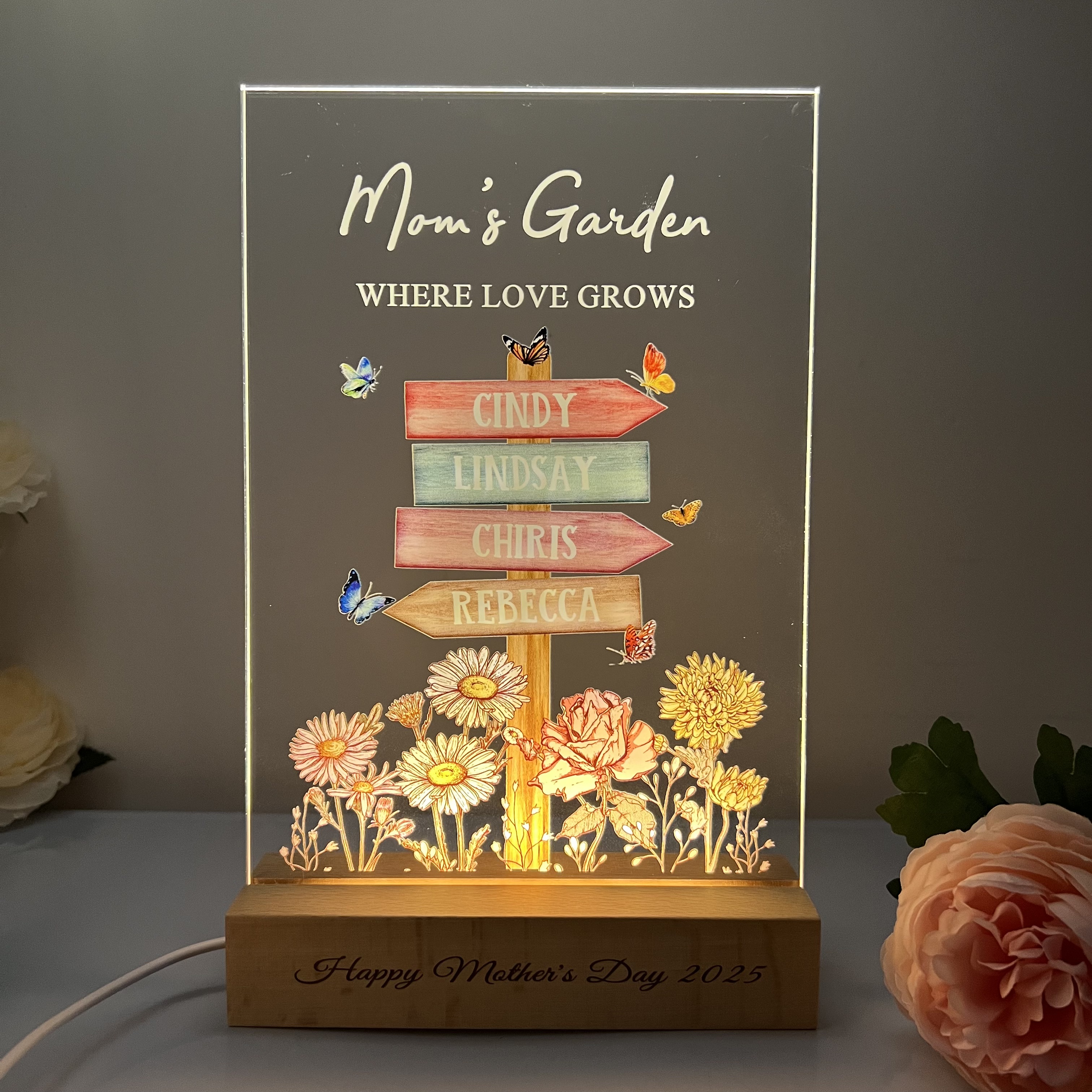 Custom Mom's Garden With Kid's Names & Birth Month Flower Road Flower LED Light