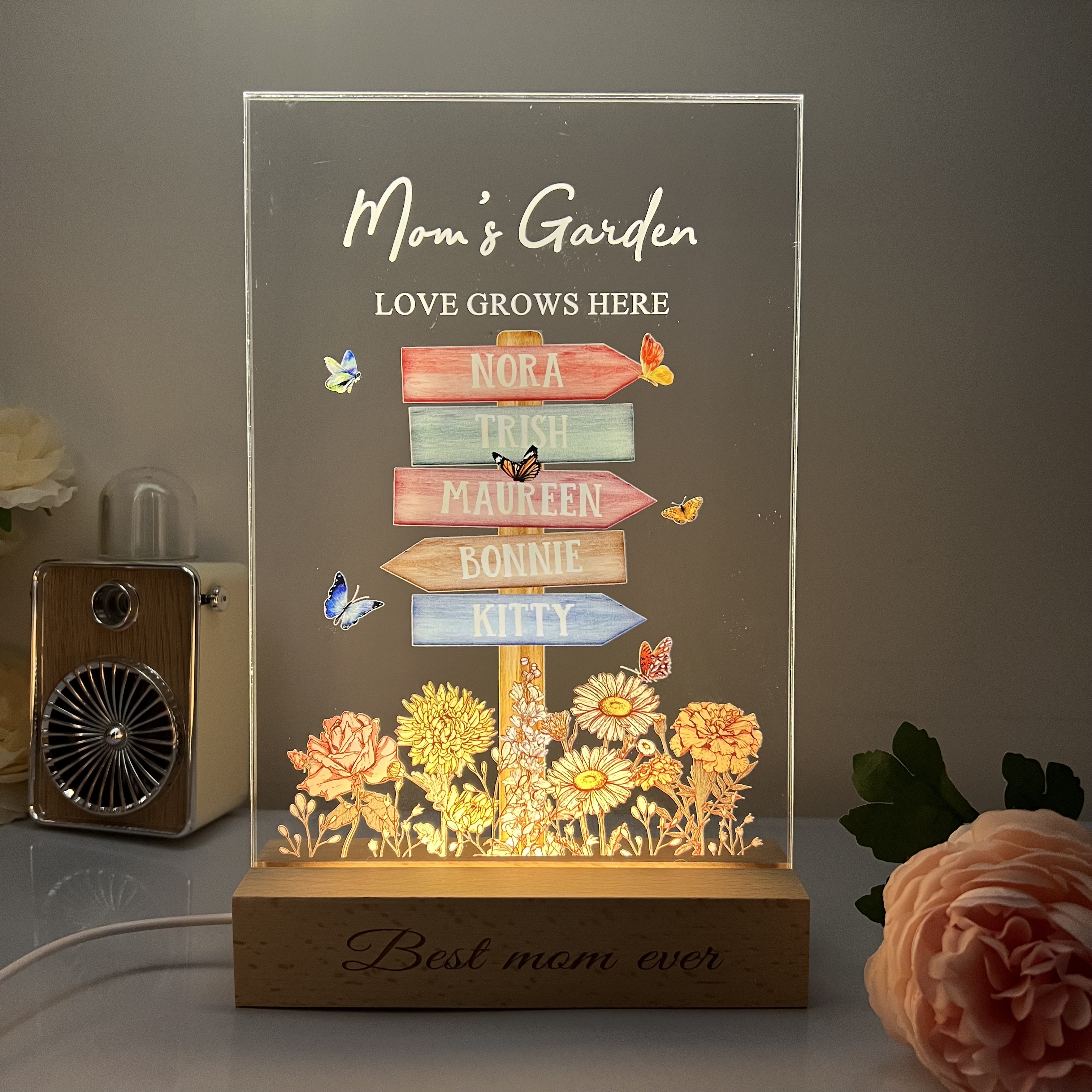 Custom Mom's Garden With Kid's Names & Birth Month Flower Road Flower LED Light