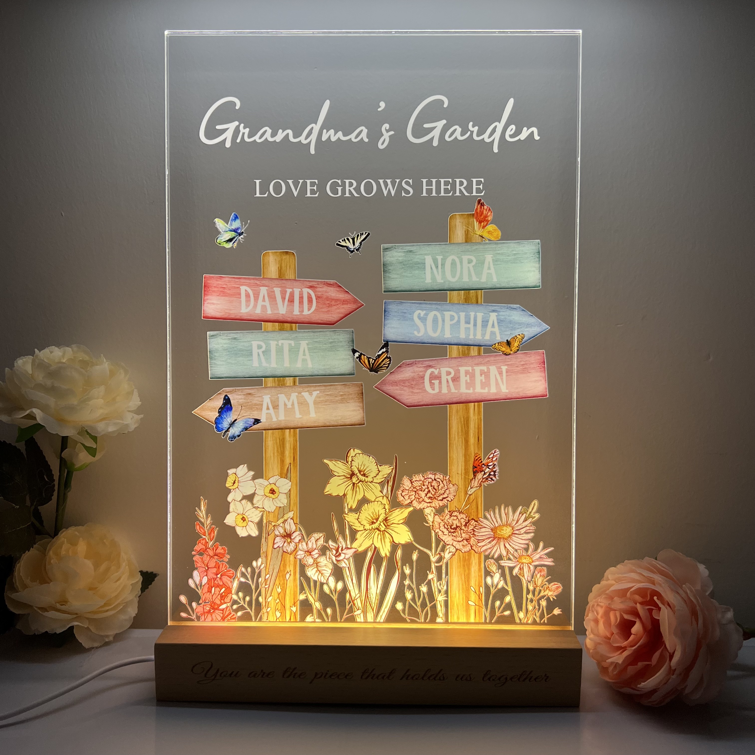 Custom Mom's Garden With Kid's Names & Birth Month Flower Road Flower LED Light