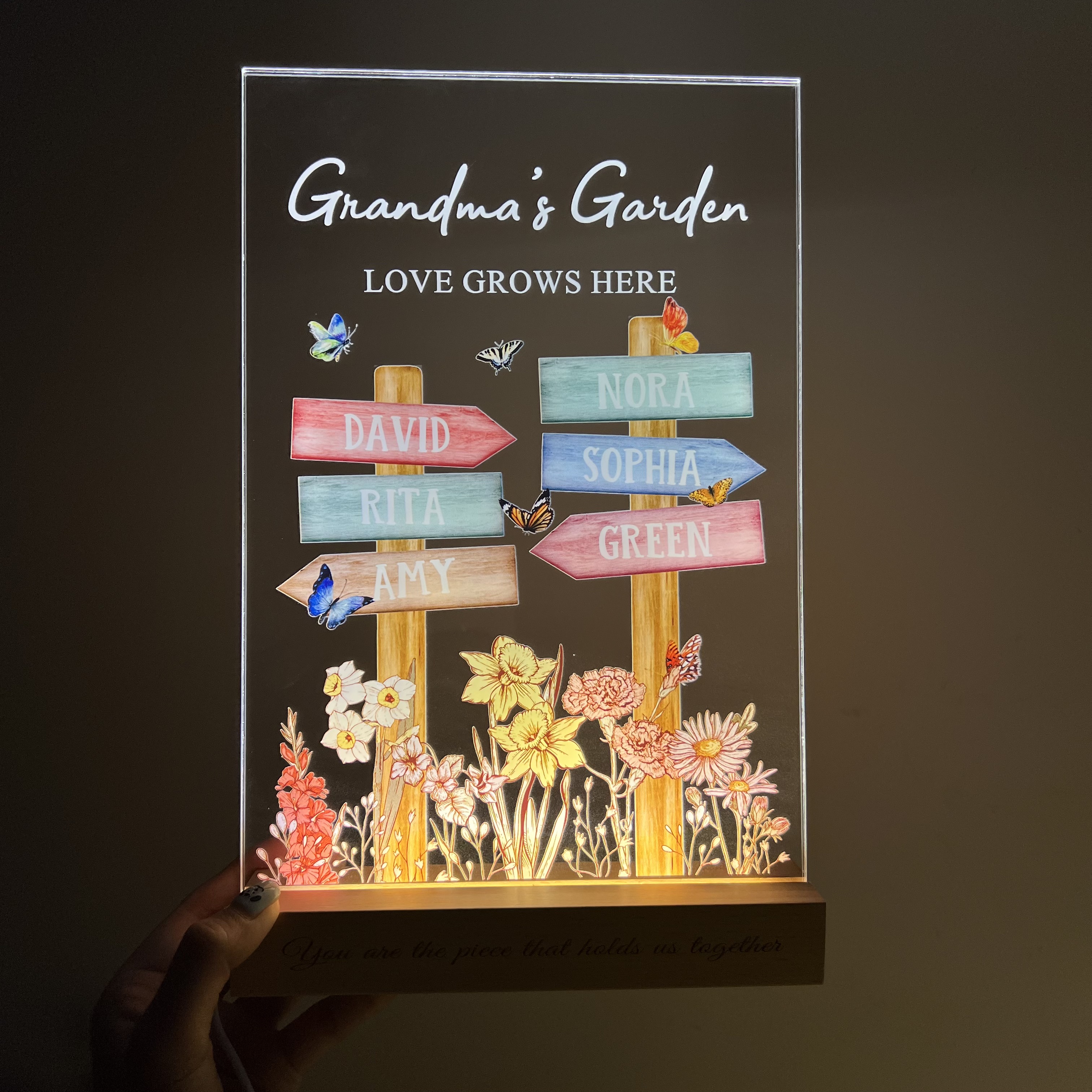 Custom Mom's Garden With Kid's Names & Birth Month Flower Road Flower LED Light