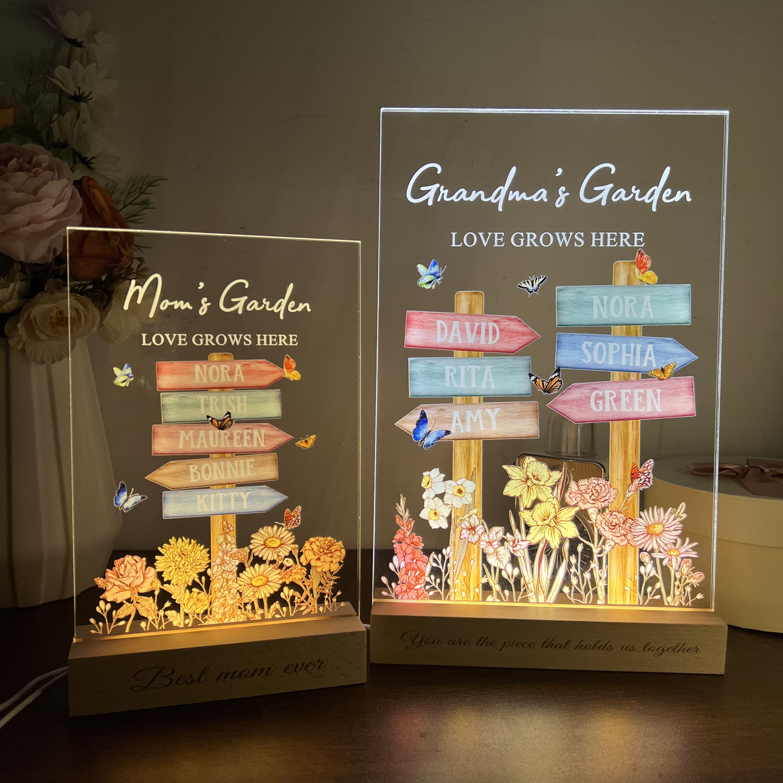 Custom Mom's Garden With Kid's Names & Birth Month Flower Road Flower LED Light