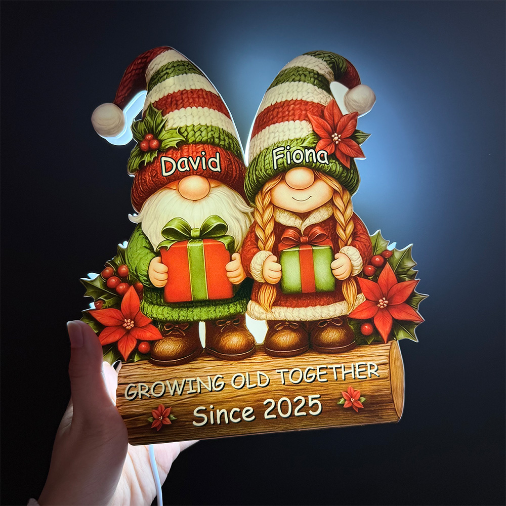 Custom Christmas Gnome Couple Growing Old Together Acrylic LED Light Box