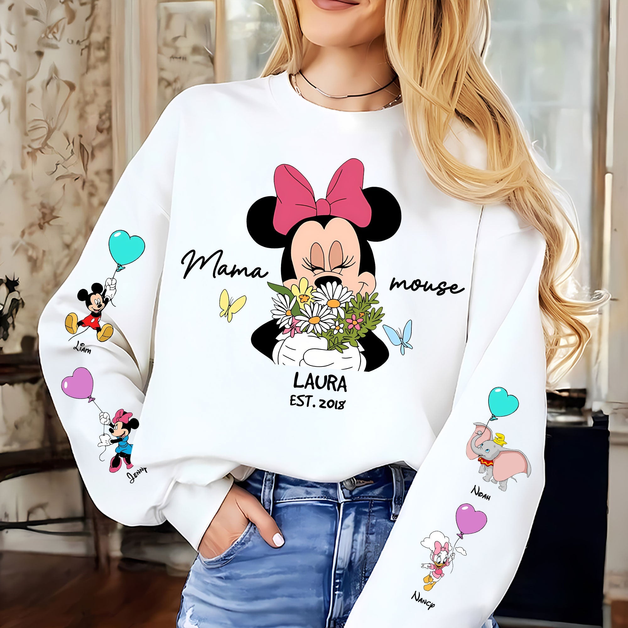 50% OFF 🐭Custom Mama Mouse Sweatshirt, Mama Est with Kid Name on Sleeve Sweatshirt