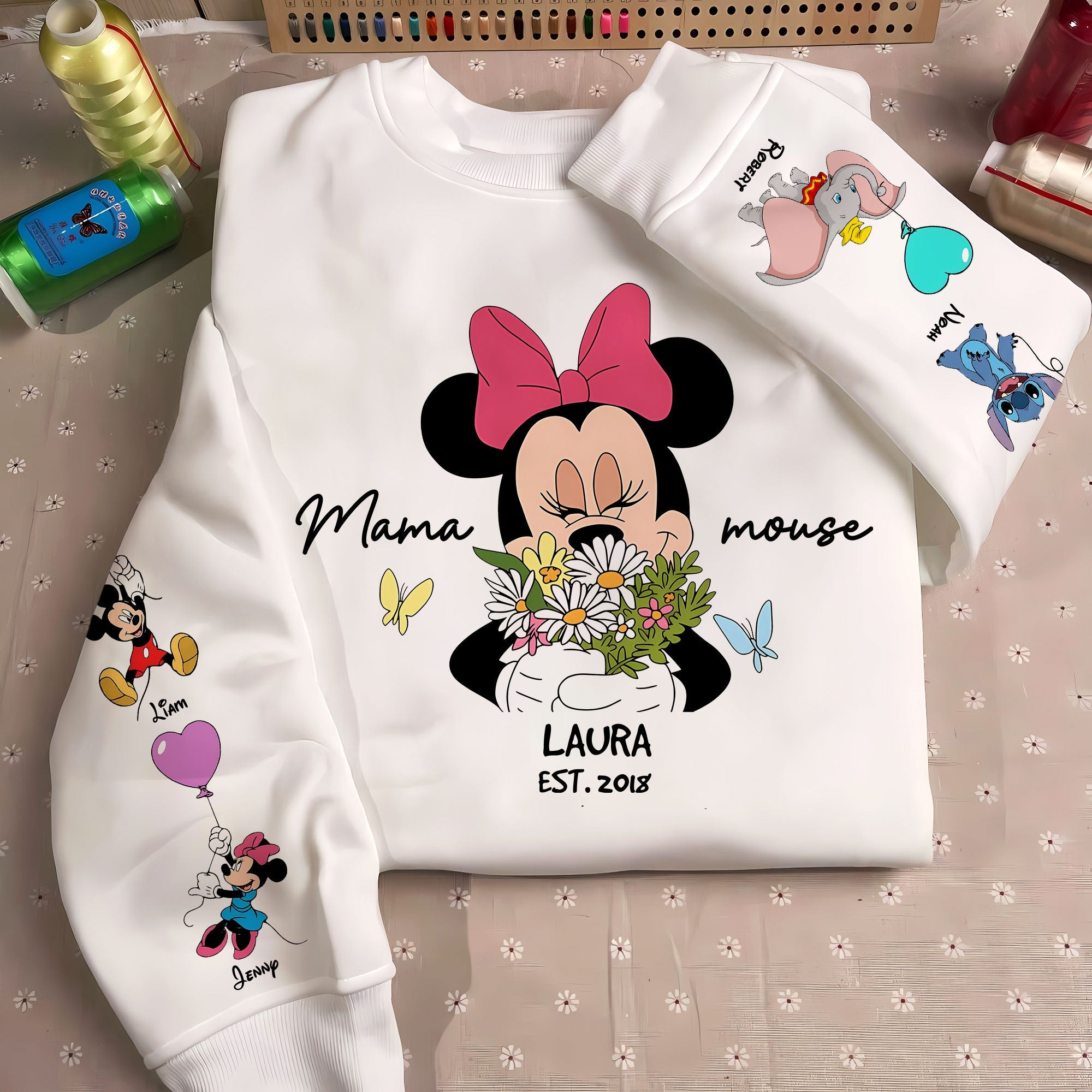 50% OFF 🐭Custom Mama Mouse Sweatshirt, Mama Est with Kid Name on Sleeve Sweatshirt