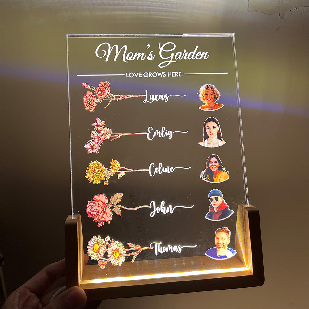 Let Love Grow In Mom's Garden Custom Family Birth Flower With Name & Photo Led Light