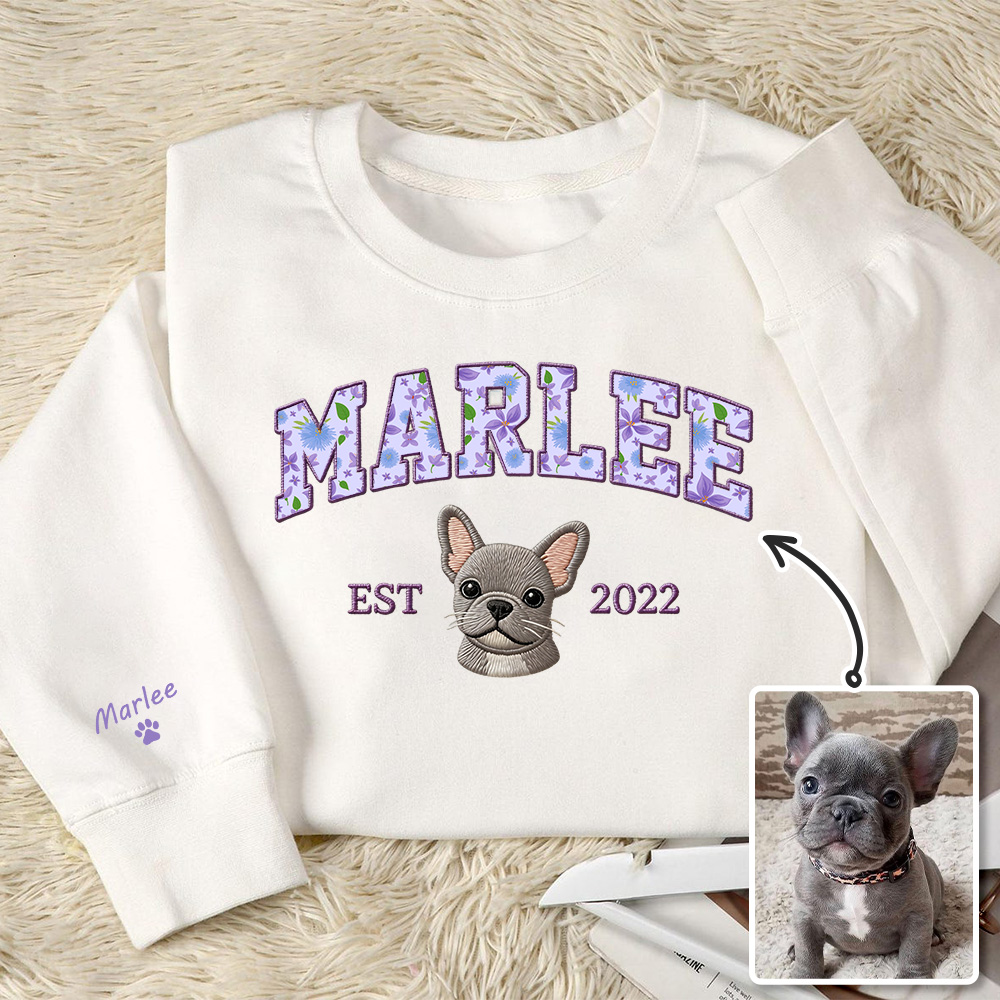 Custom Pet Portrait Floral Applique Embroidered Hoodie/Sweatshirt