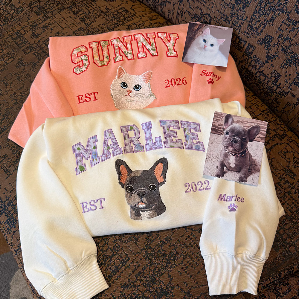 Custom Pet Portrait Floral Applique Embroidered Hoodie/Sweatshirt