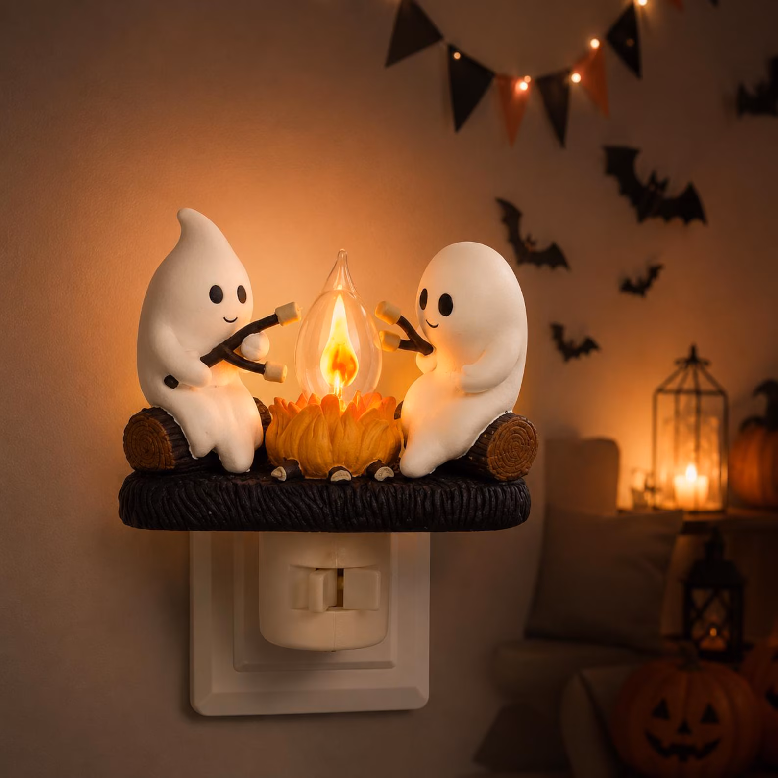 Cute Ghost Campfire Night Light Halloween Plug-In Decor
