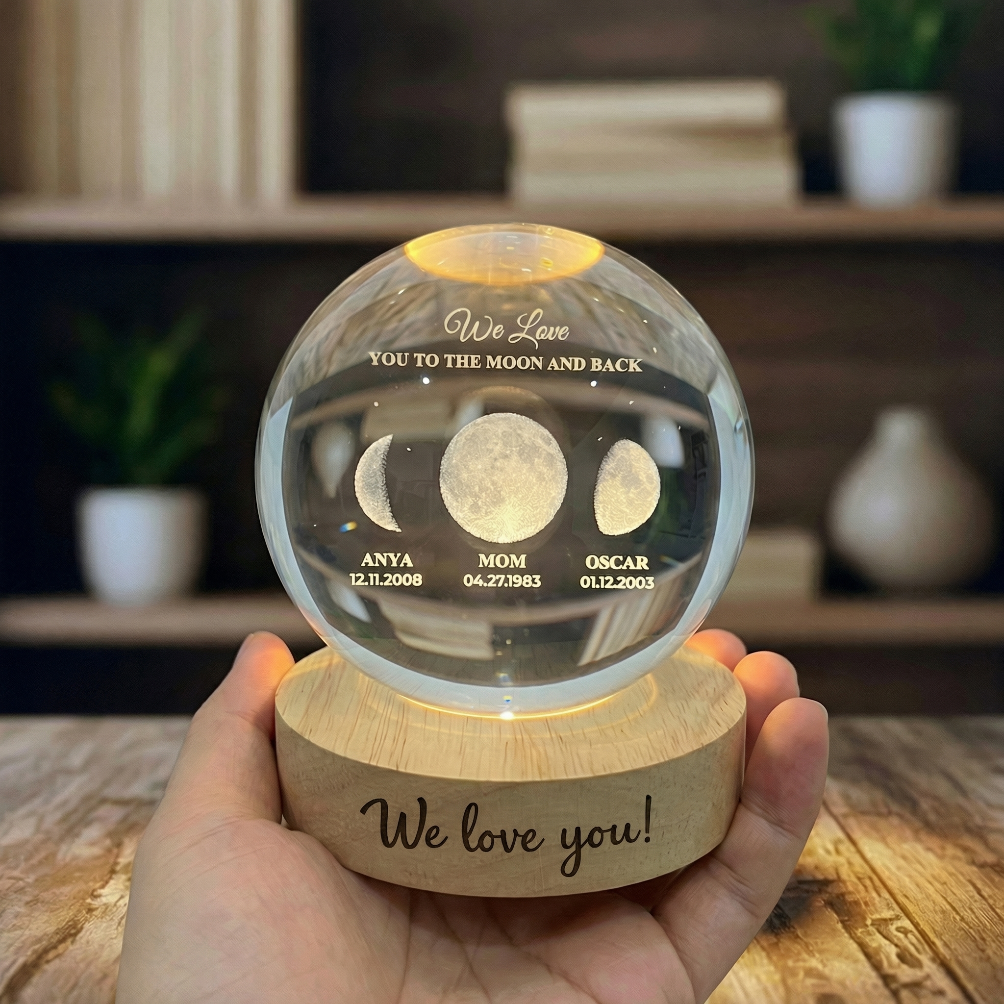 Personalized Moon Phase By Date Crystal Ball LED Night Light With Kids Name Mother's Day Gift For Mom