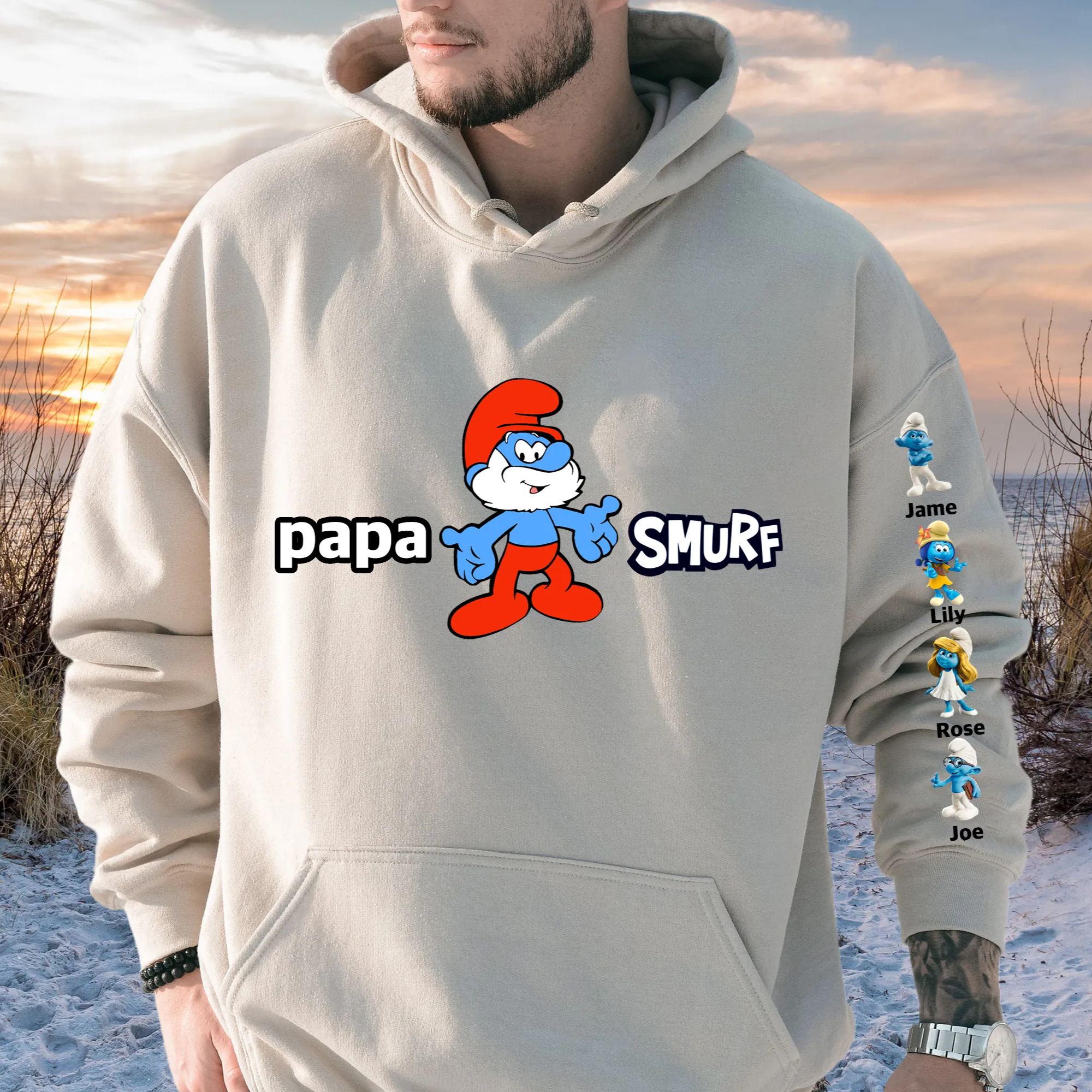 50% OFF✨Custom Papa  Smuef Sweatshirt, with Kid Name on Sleeve Sweatshirt
