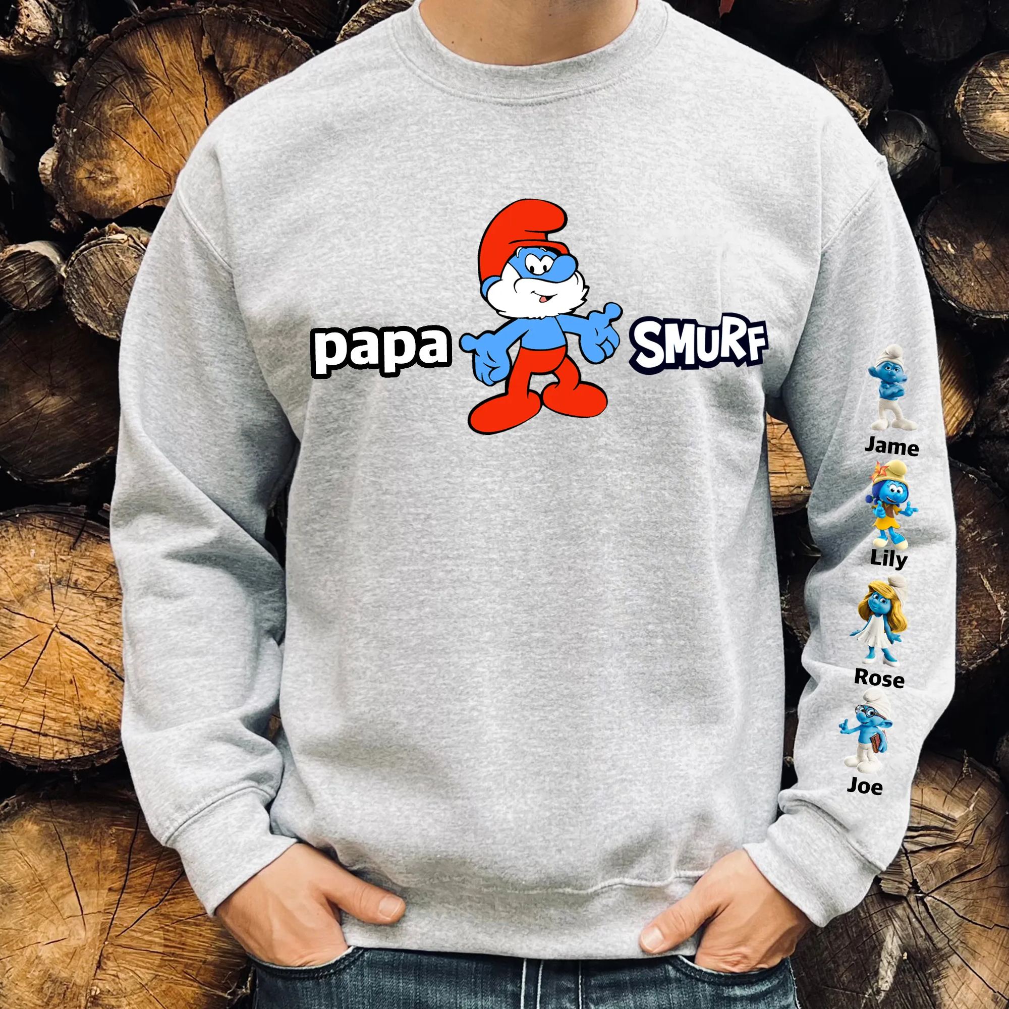 50% OFF✨Custom Papa  Smuef Sweatshirt, with Kid Name on Sleeve Sweatshirt