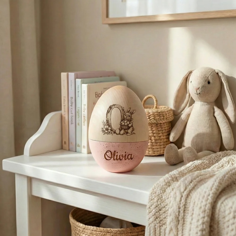Personalized Bunny Floral Wooden Easter Egg with Name & Initial – Reusable Hollow Speckled Keepsake, Large Easter Basket Filler Gift for Kids