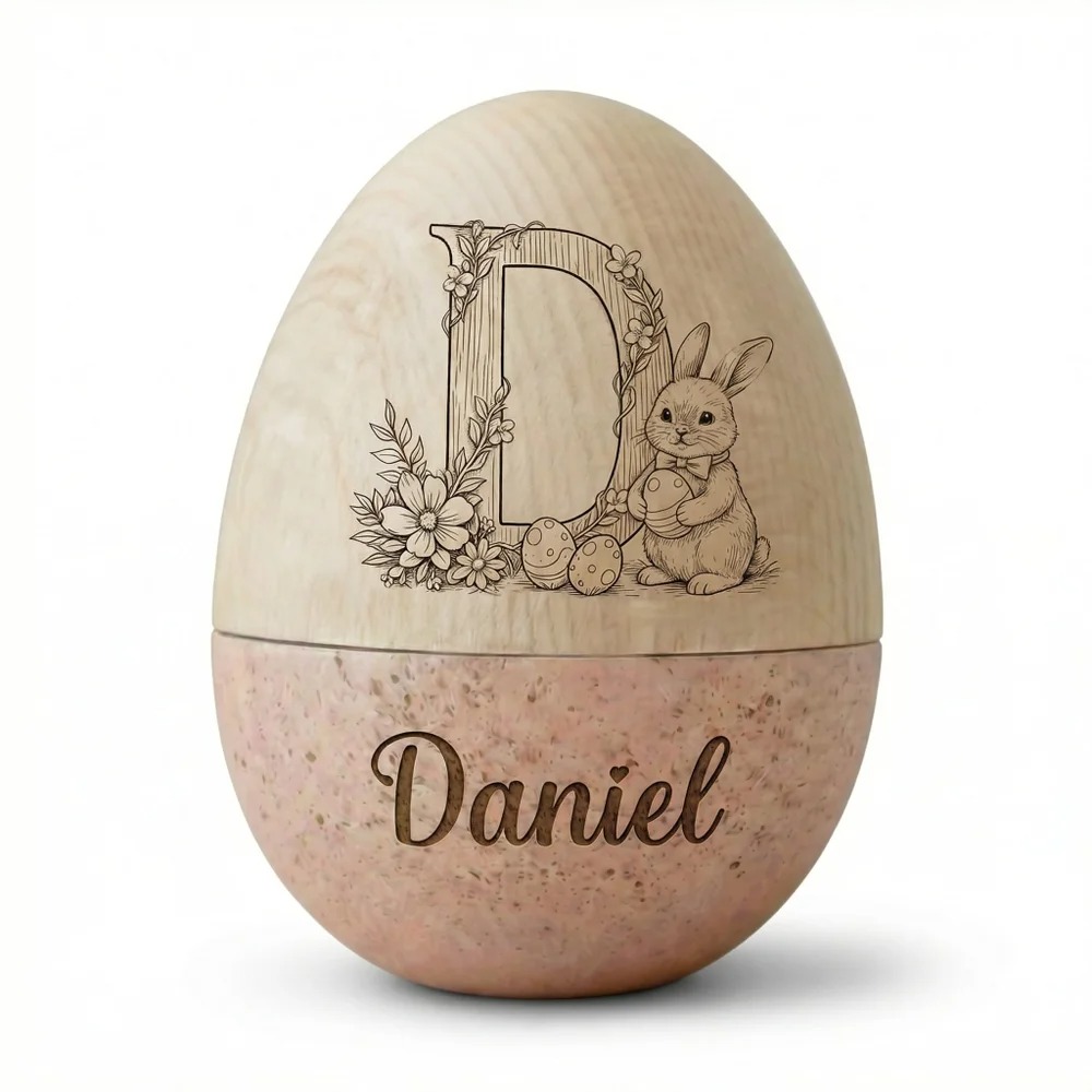Personalized Bunny Floral Wooden Easter Egg with Name & Initial – Reusable Hollow Speckled Keepsake, Large Easter Basket Filler Gift for Kids