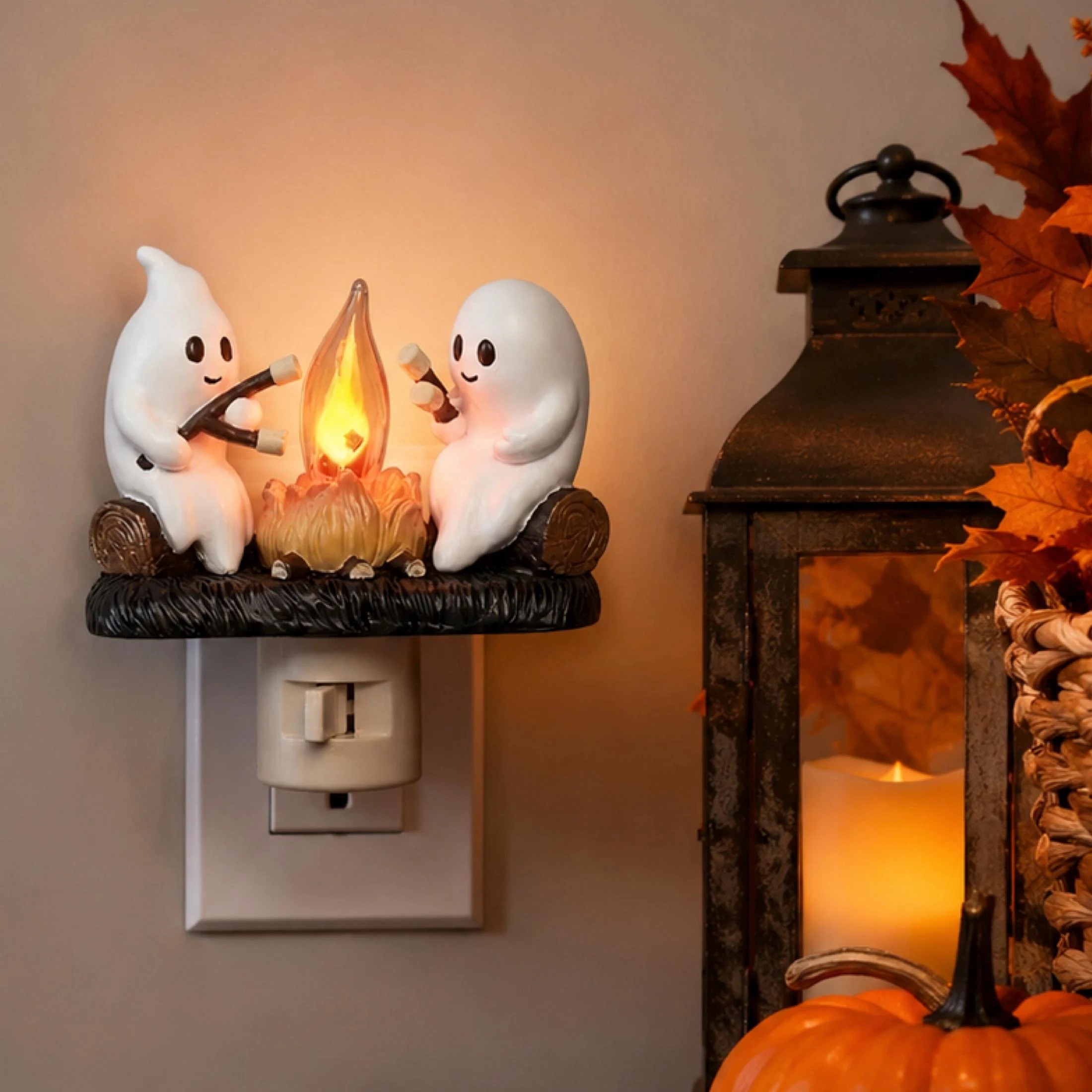 Cute Ghost Campfire Night Light, Halloween Plug-In Decor for Bedroom, Nursery or Hallway