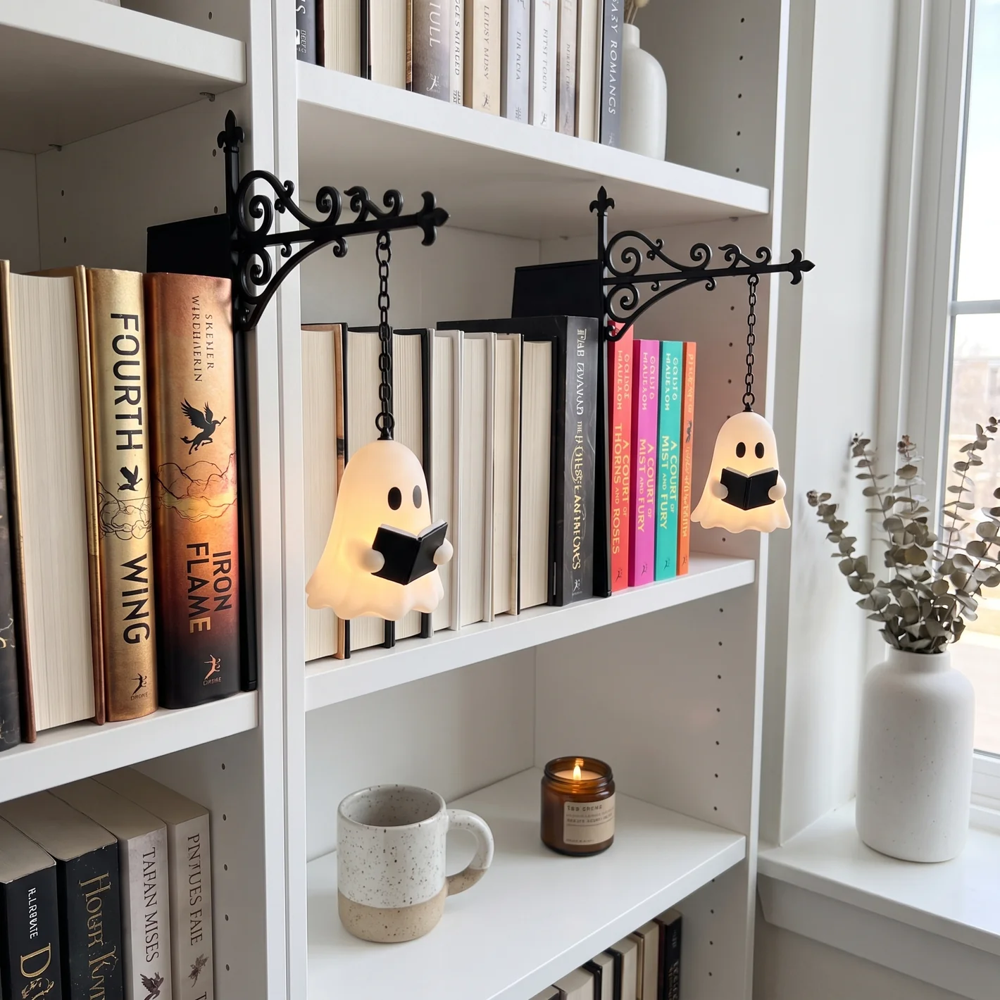 Halloween Bookshelf Lantern Bookend Set Ghost Pumpkin Witch Hat Haunted House & Black Cat Bookshelf Lamp Halloween Book Decor