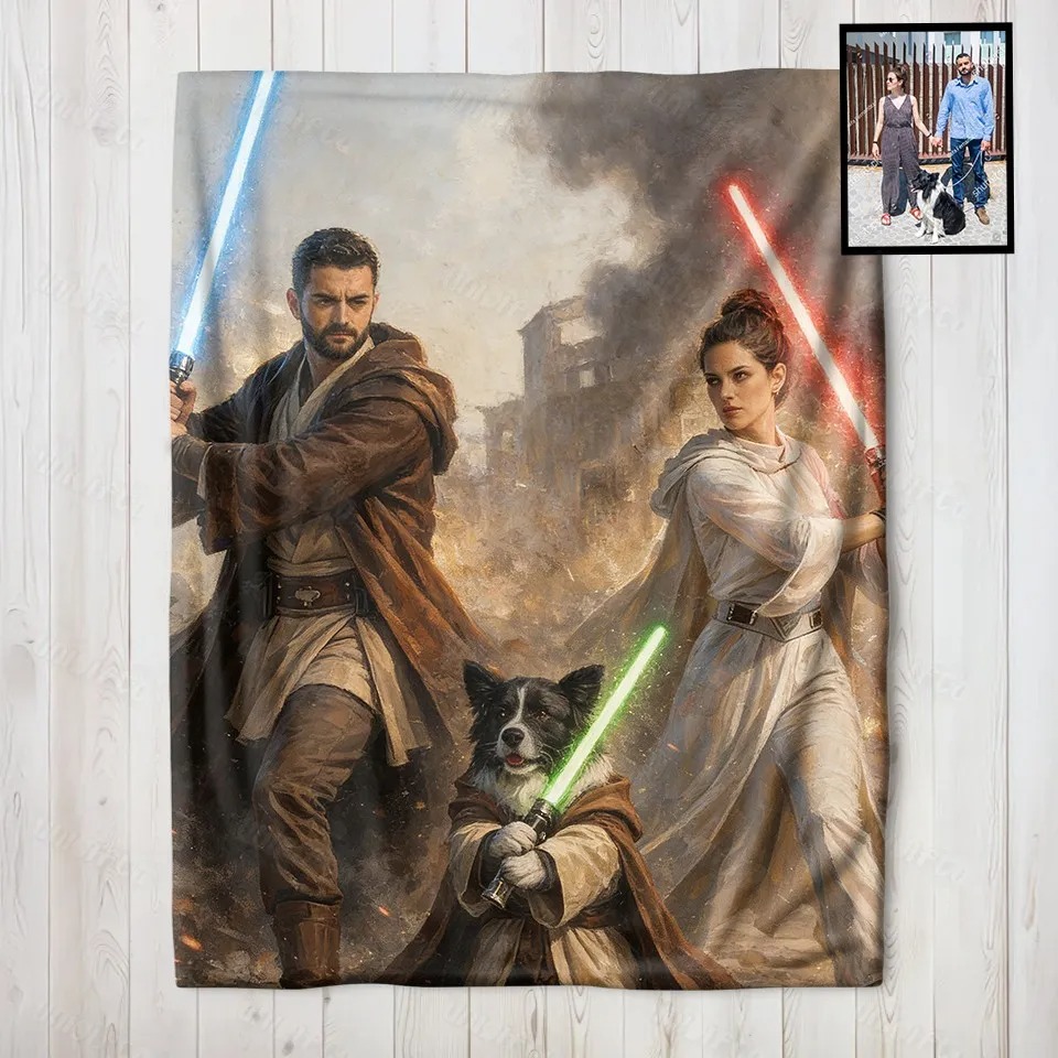 Custom Lightsaber Galactic Hero Couple Family Portrait Blanket Gift