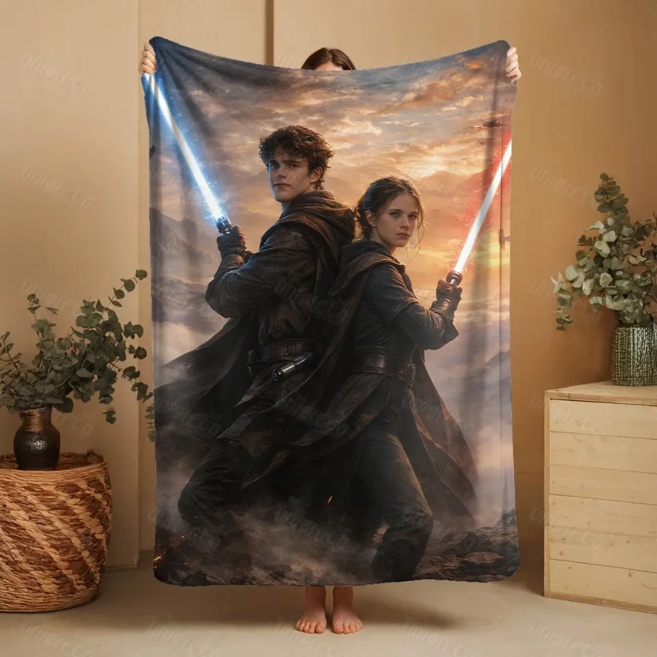 Custom Lightsaber Galactic Hero Couple Family Portrait Blanket Gift