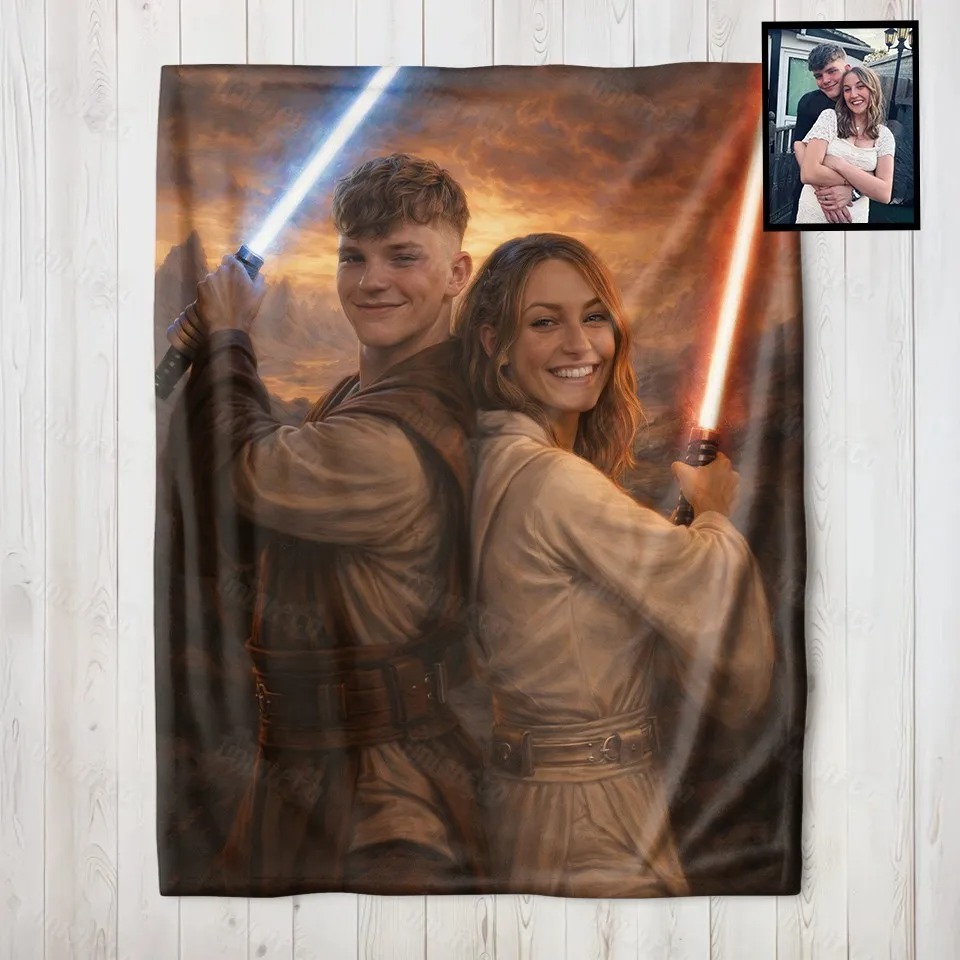 Custom Lightsaber Galactic Hero Couple Family Portrait Blanket Gift
