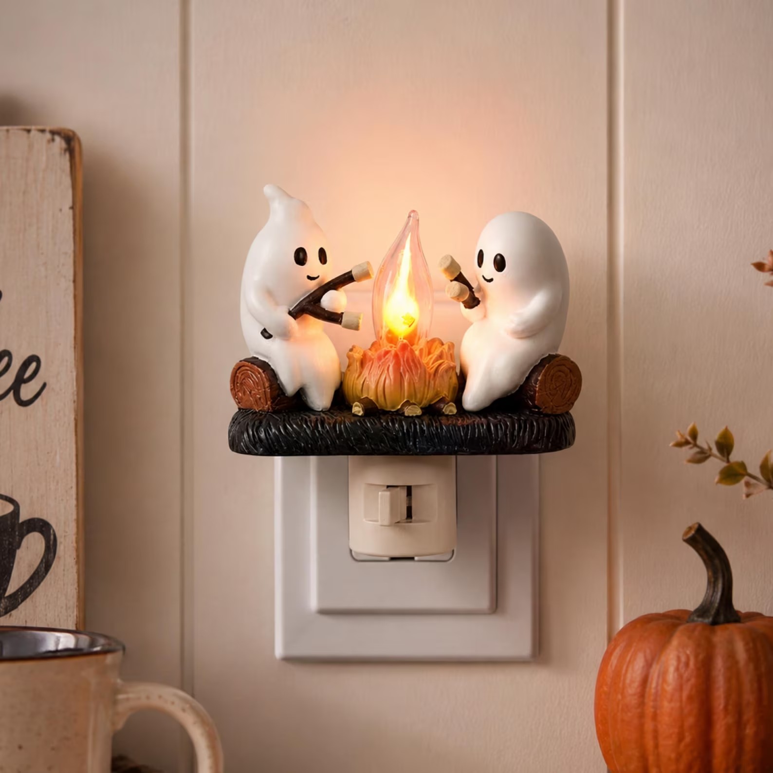 Cute Ghost Campfire Night Light, Halloween Plug-In Decor for Bedroom, Nursery or Hallway