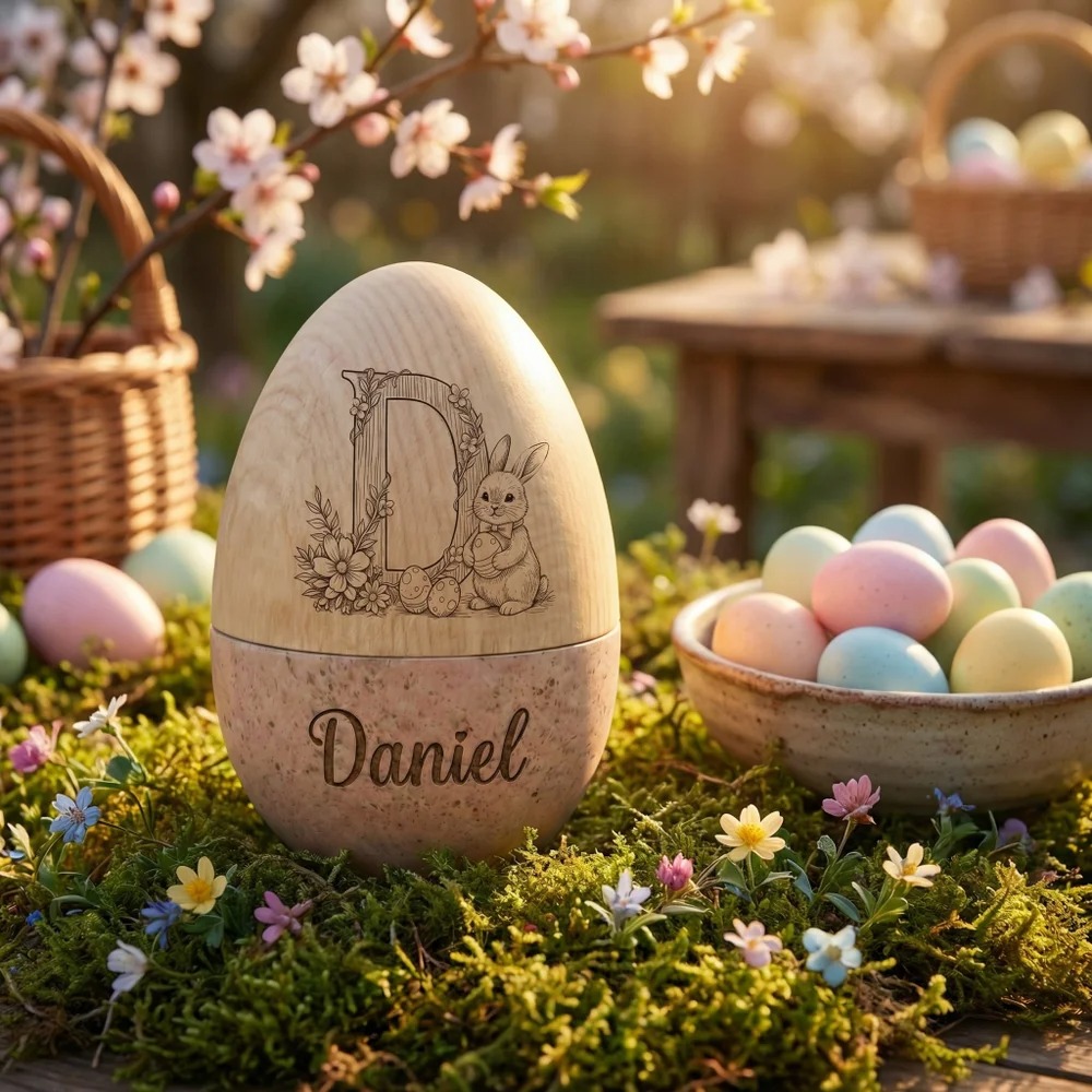 Personalized Bunny Floral Wooden Easter Egg with Name & Initial – Reusable Hollow Speckled Keepsake, Large Easter Basket Filler Gift for Kids