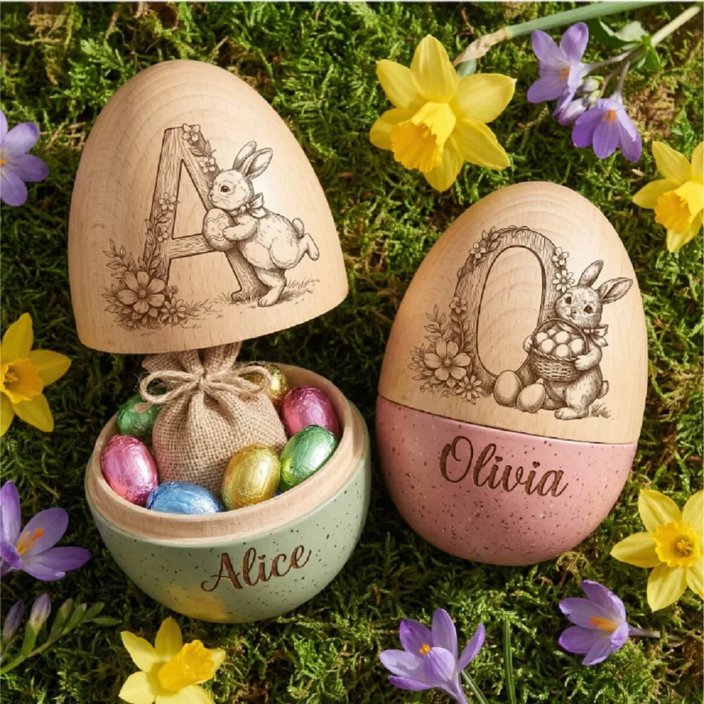 Personalized Bunny Floral Wooden Easter Egg with Name & Initial – Reusable Hollow Speckled Keepsake, Large Easter Basket Filler Gift for Kids