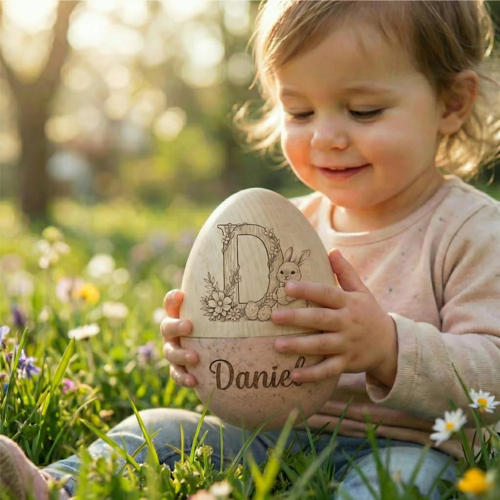 Personalized Bunny Floral Wooden Easter Egg with Name & Initial – Reusable Hollow Speckled Keepsake, Large Easter Basket Filler Gift for Kids