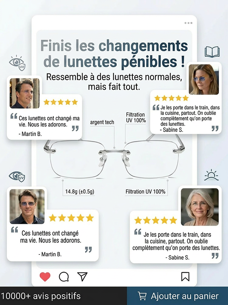 [Convient à tous les âges] Lunettes de lecture à verres photochromiques et à varifocaux sans monture