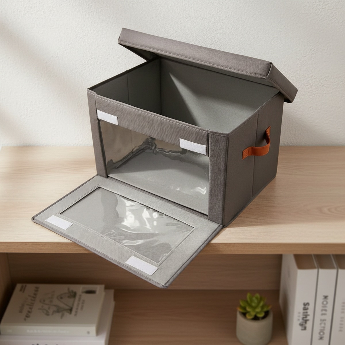 Foldable fabric storage bin with sturdy lid for closet use