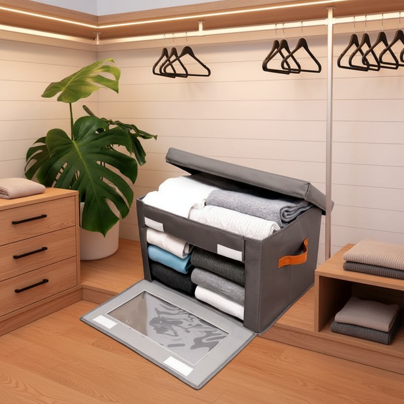 Side-opening fabric folding storage box with lid for wardrobe organization