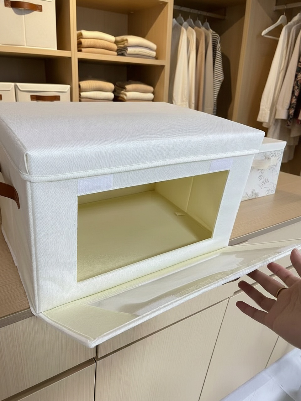 Transparent window storage box showing visible clothing inside