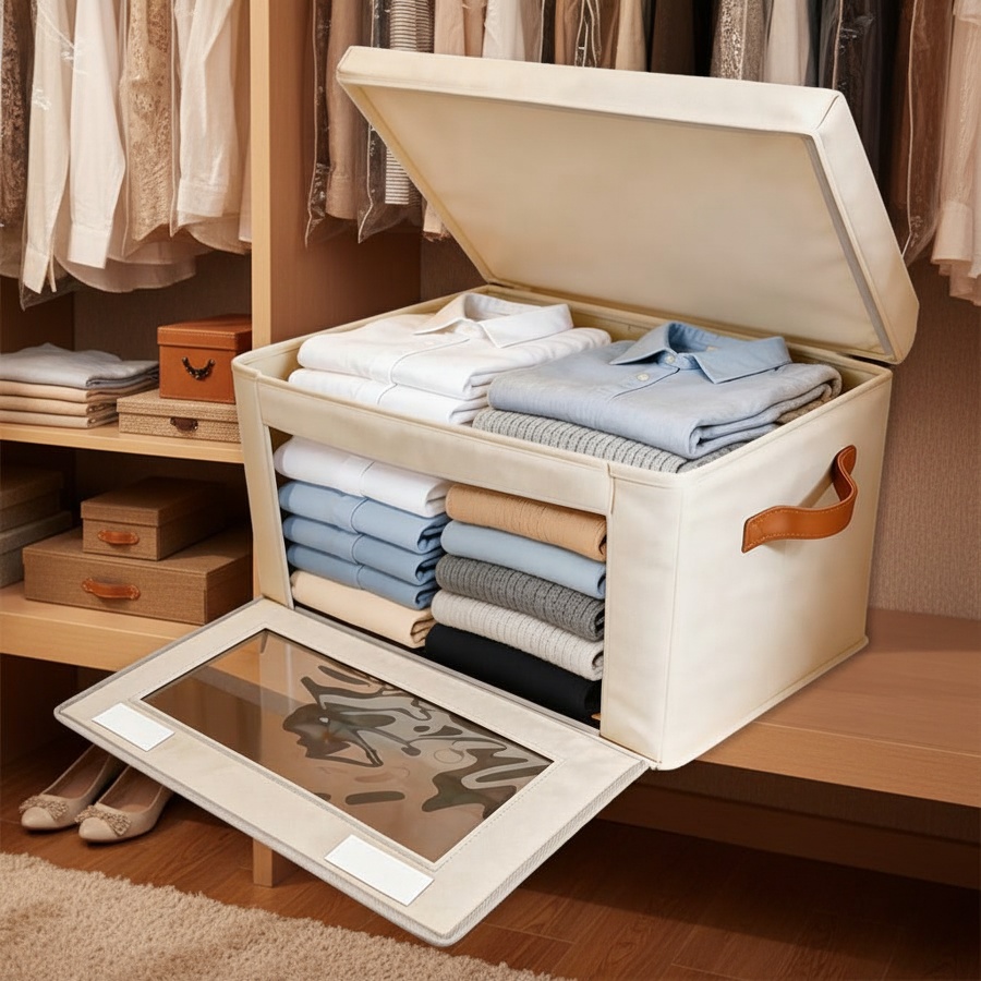 Stackable storage boxes with clear window for home organization