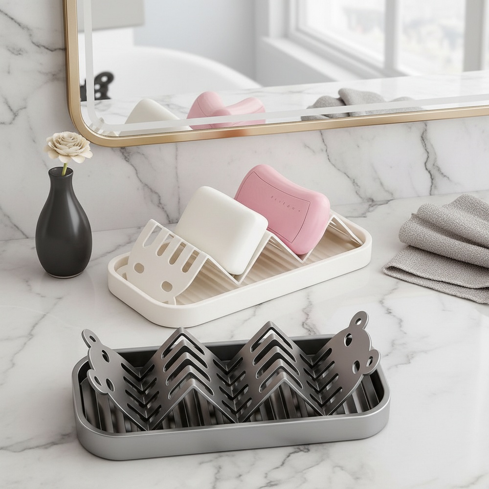 Modern W-shaped soap dish holding bar soap