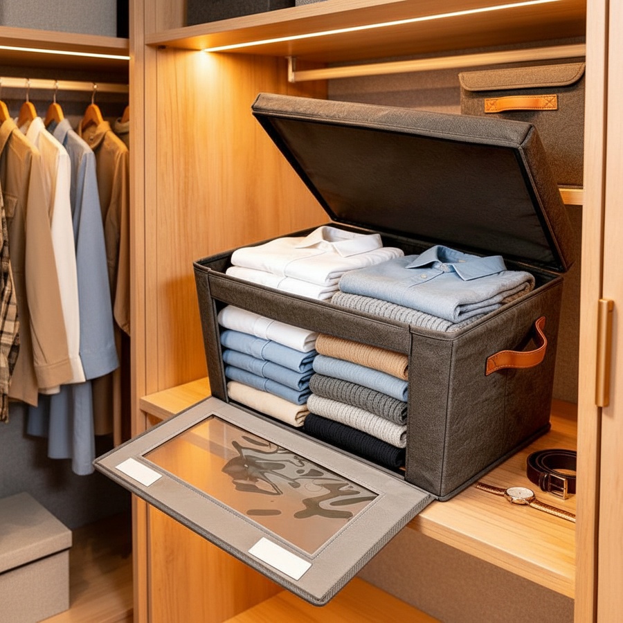 Space-saving folding storage bin for clothes and accessories