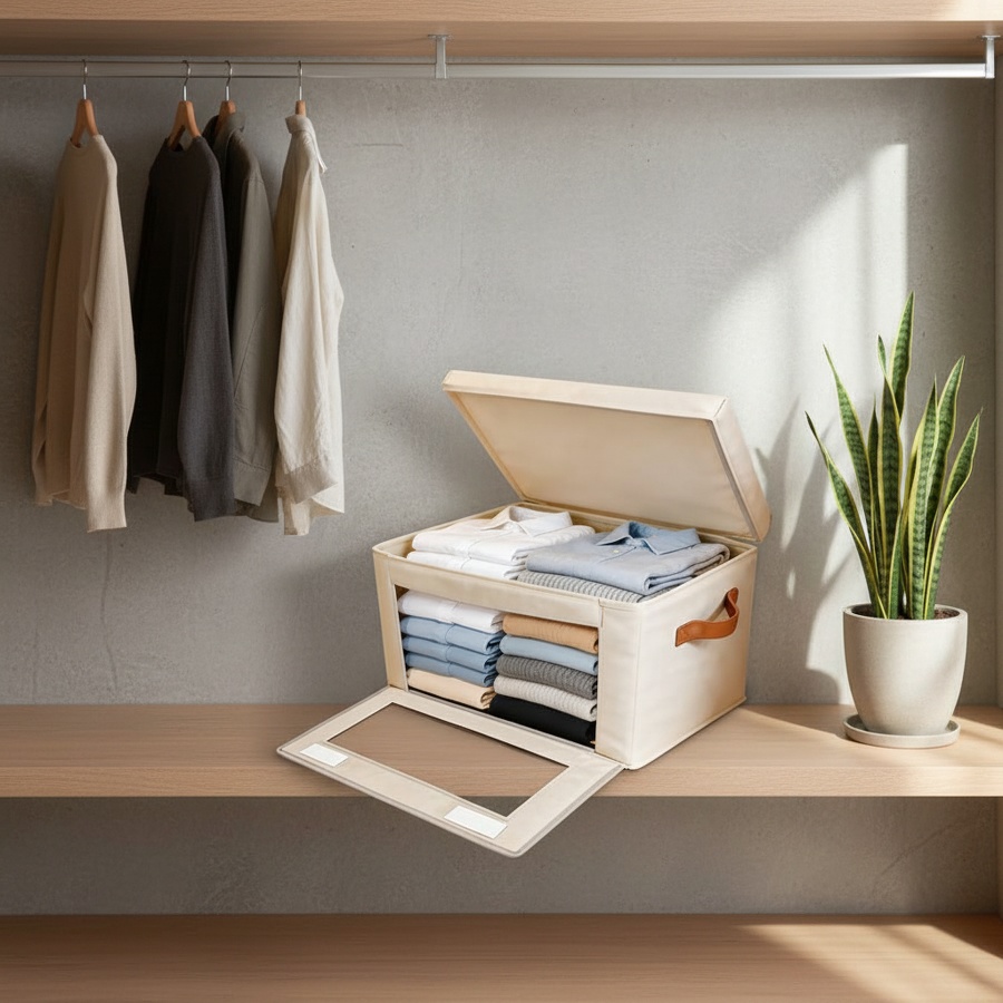 Bedroom closet organizer with transparent window and lid