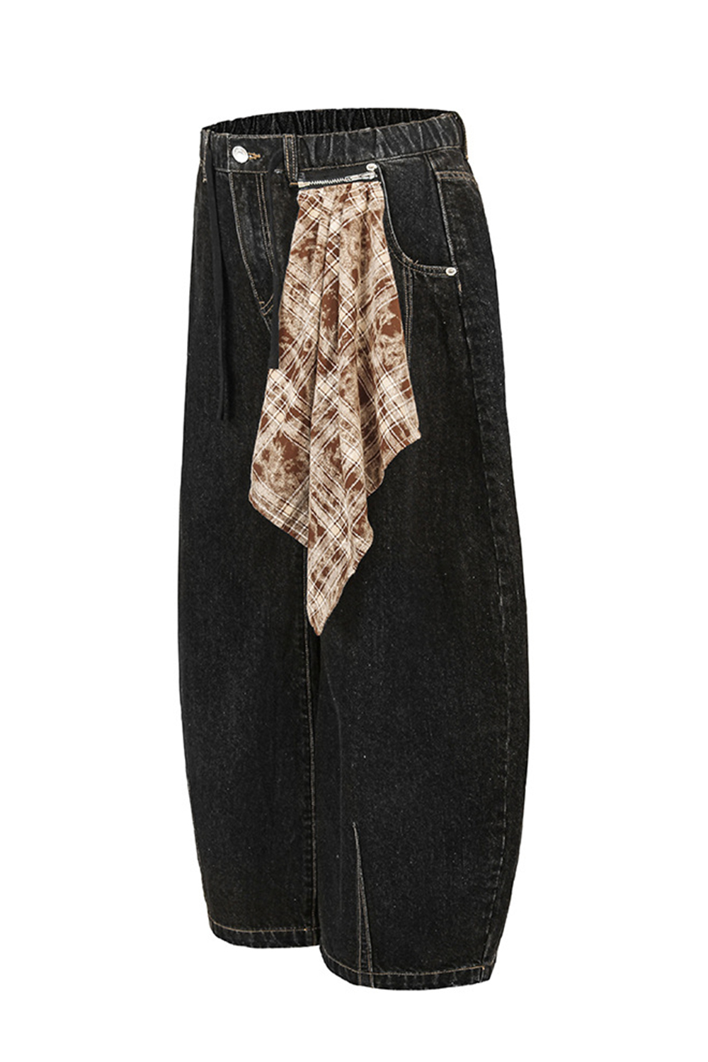 Plaid ColorBlock Washed Wide-Leg Balloon Jeans Loose Men Pants