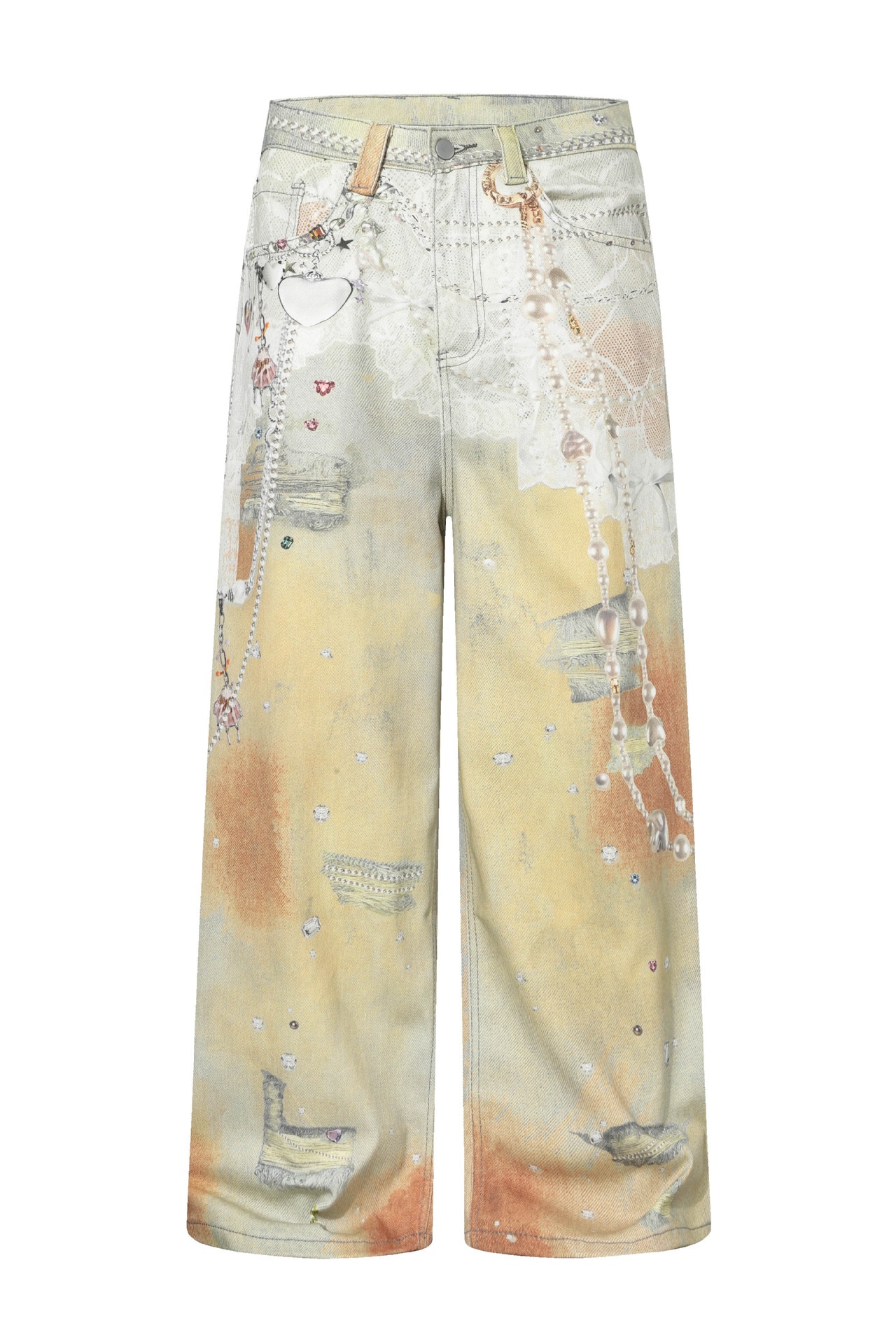 Washed Jeans Chain Print Loose Wide-Leg Pants 