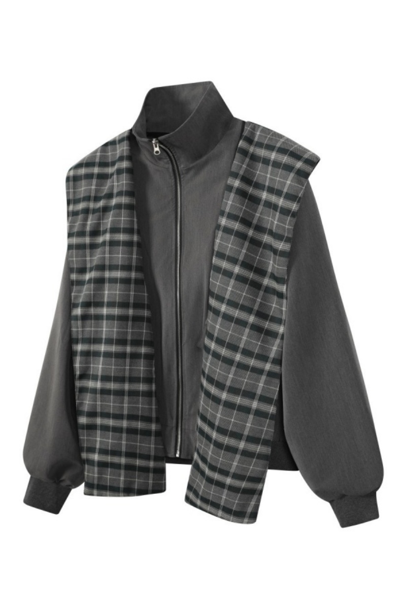 Plaid Jacket Gray Hoodie Zip Up Long Sleeve 