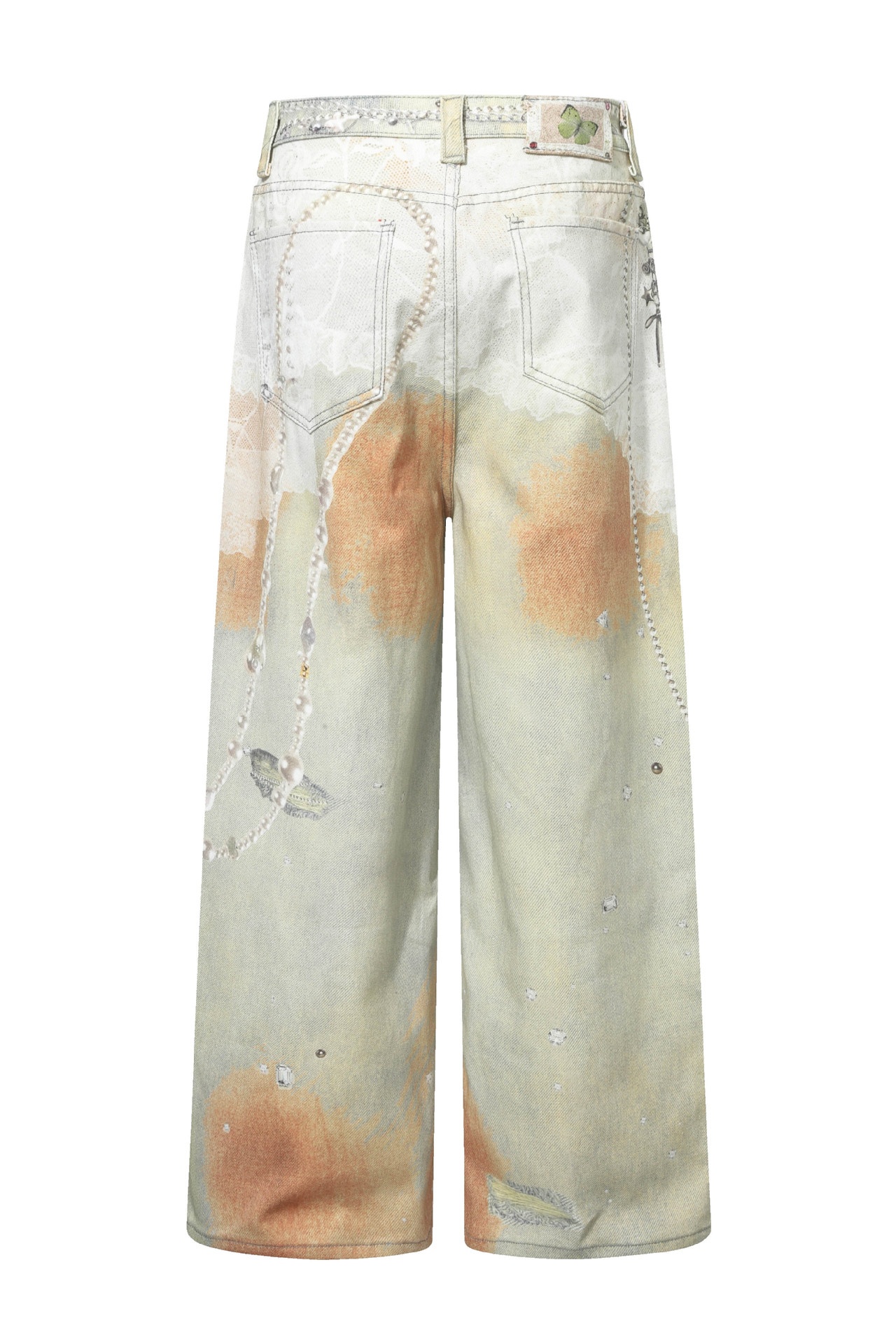 Washed Jeans Chain Print Loose Wide-Leg Pants 