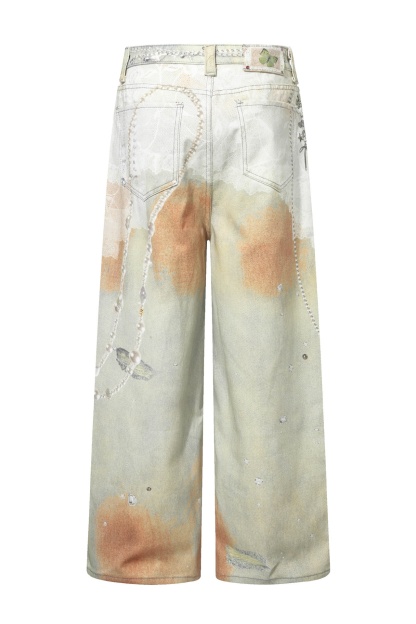 Washed Jeans Chain Print Loose Wide-Leg Pants 