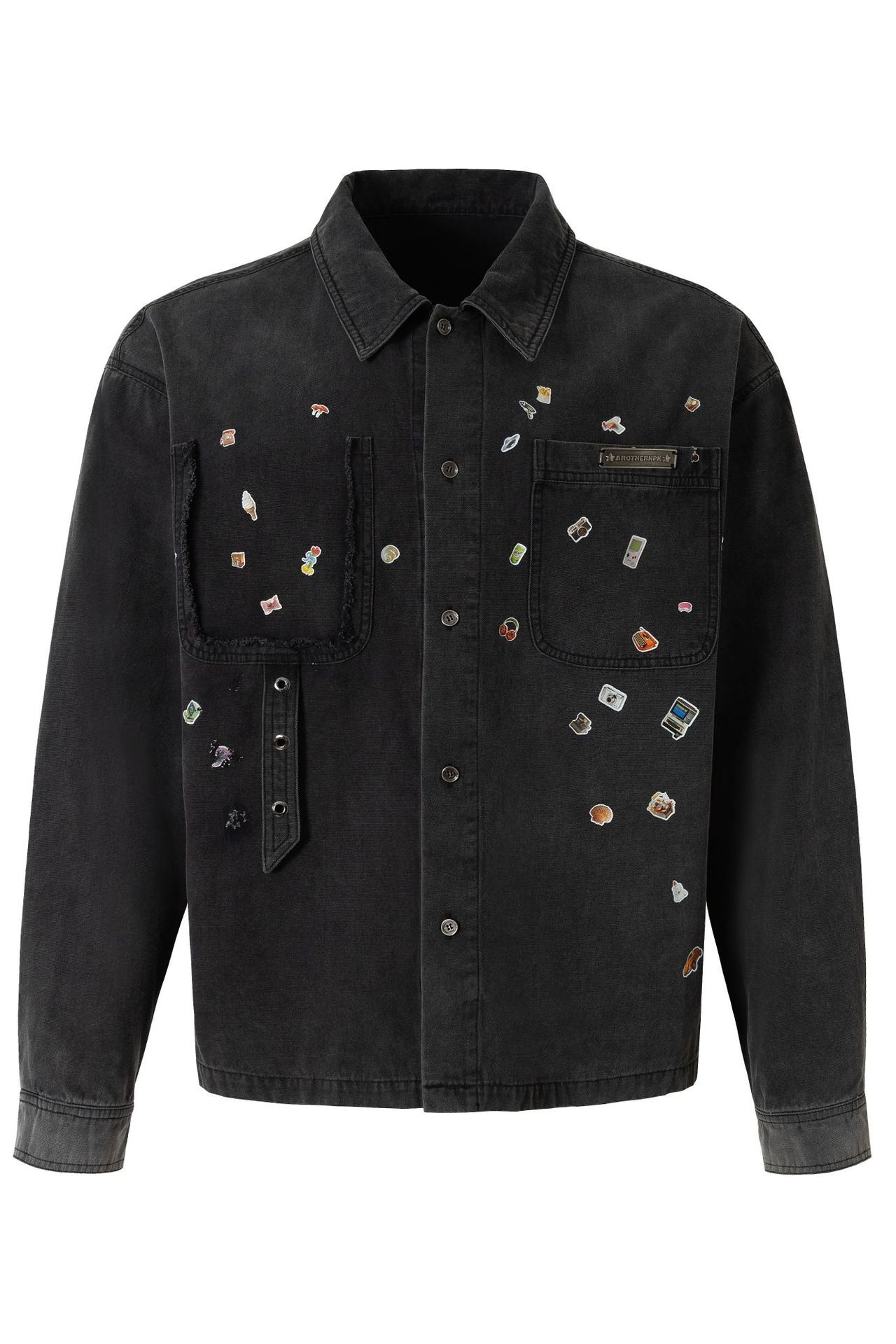 Graphic Jacket Black Stand Colloa Buttons Long Sleeve 