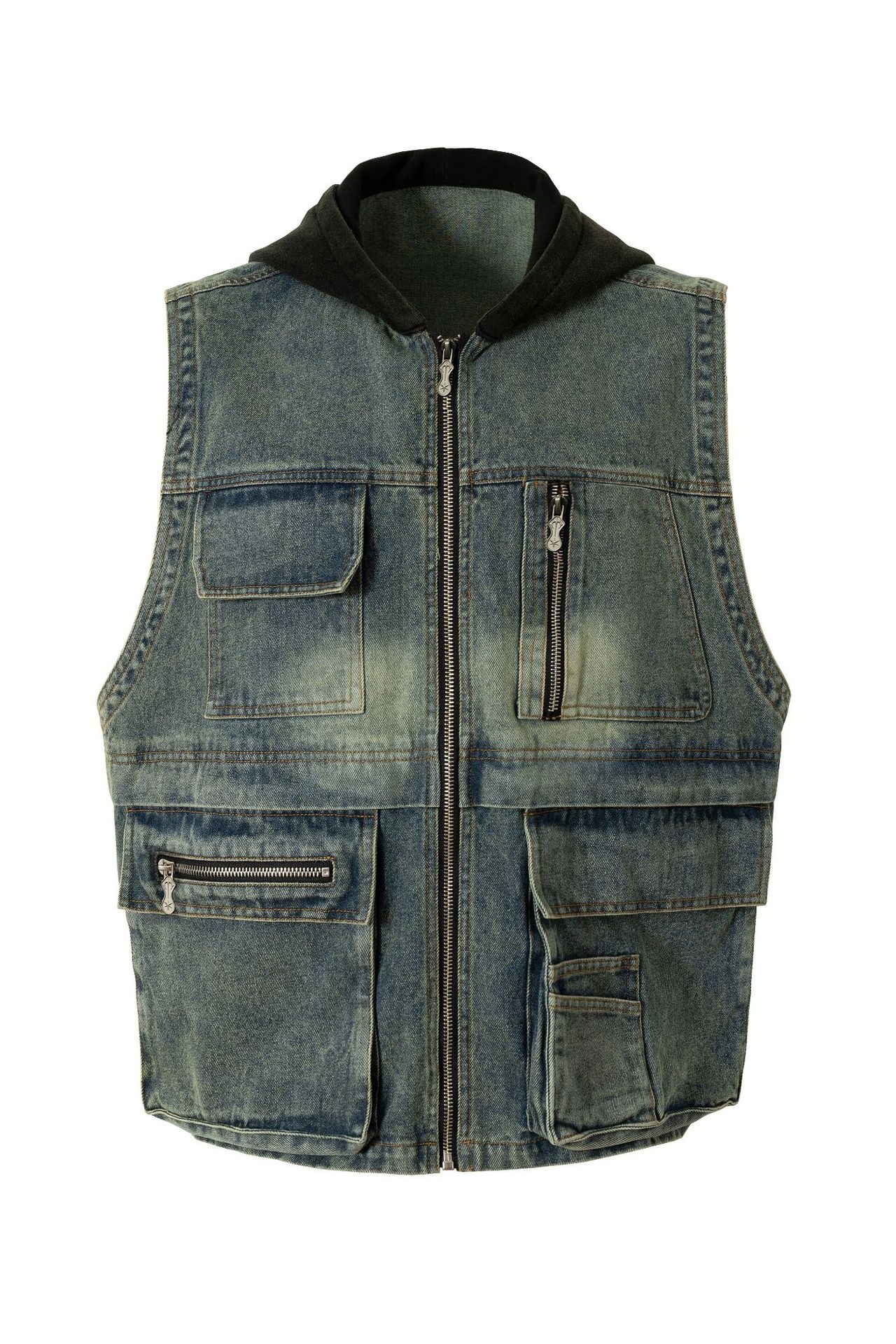 Demin Vest Jacket Blue Hoodie Zip up Sleeveless
