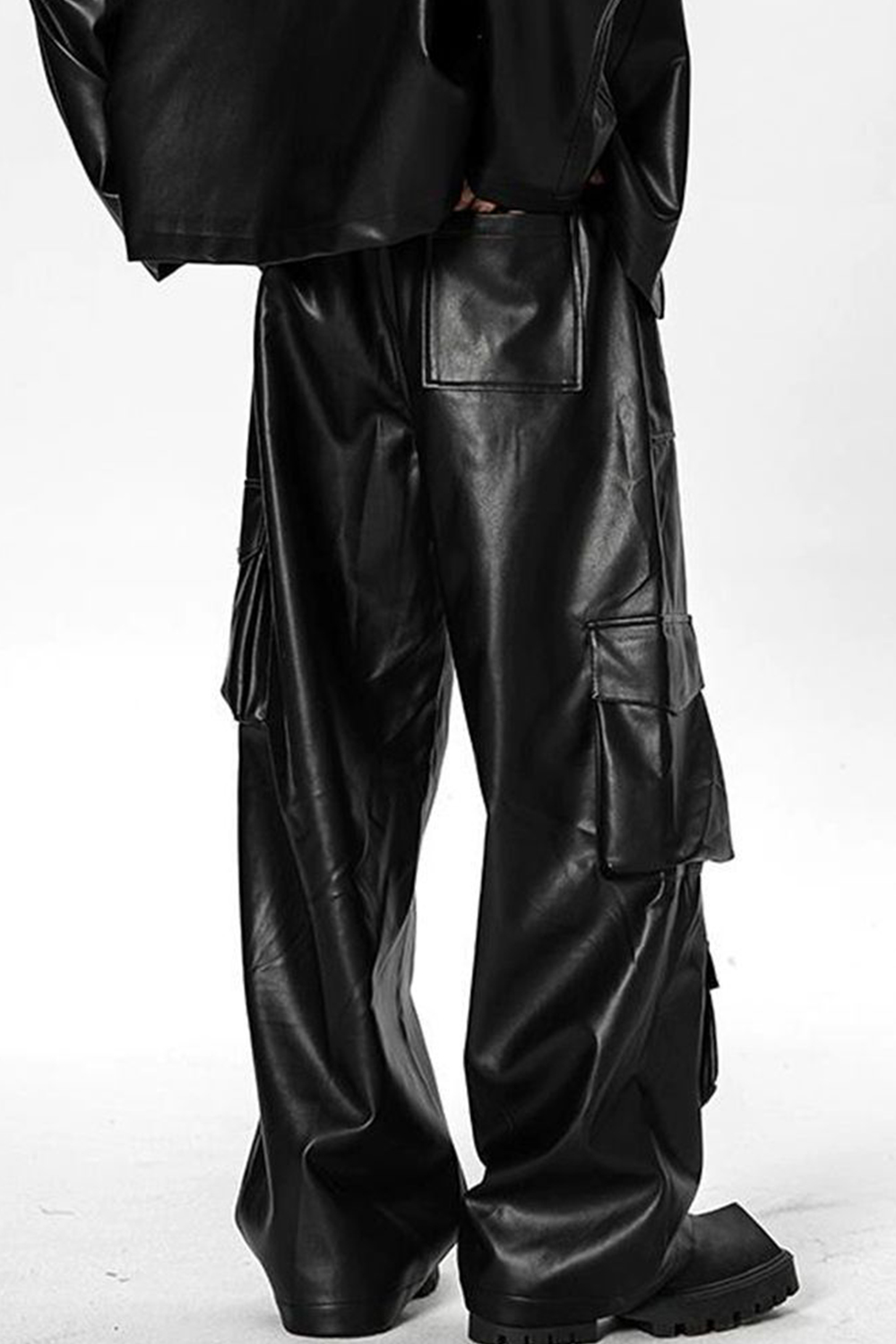 Wide-Leg PU/Faux Leather Loose Men Pants