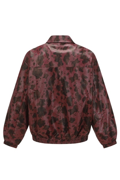 PU Jacket Black Leopard Zip up Lapel Long Sleeve 