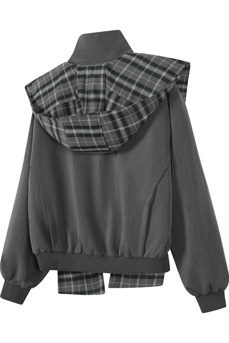 Plaid Jacket Gray Hoodie Zip Up Long Sleeve 