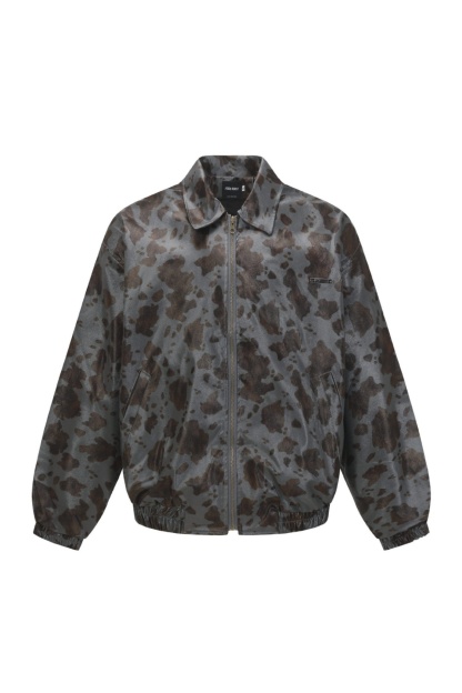 PU Jacket Black Leopard Zip up Lapel Long Sleeve 